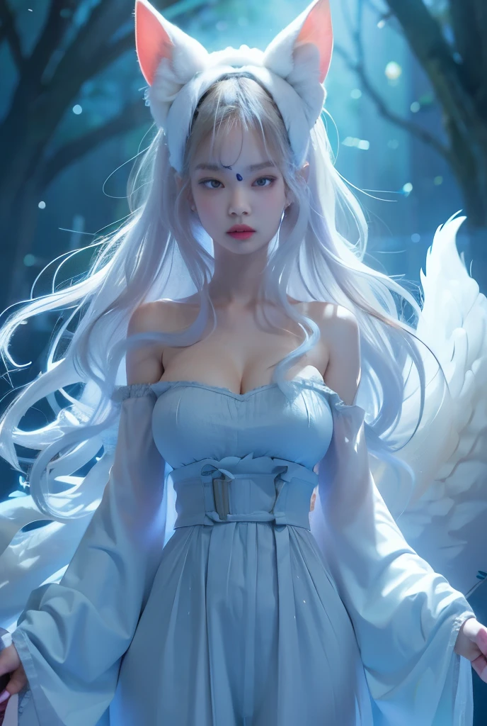 High quality, high resolution, fractal art, white hair and blue eyes, long hair, white cheongsam with delicate embroidery and silver thread edging, accompanied by a girl Shikigami, Korean glitter eye makeup, very delicate makeup, sparkling, small breasts