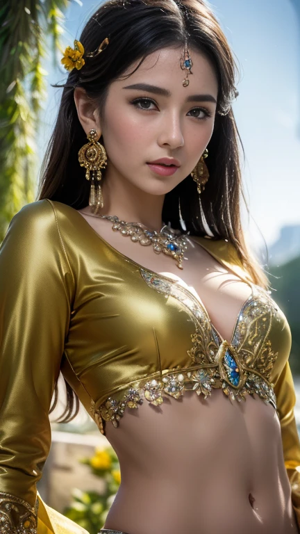 Une femme en sari posant pour une photo, Indian, traditional beauty, Indien, beautiful girl, Ornate Cosplay, en tailleur, Super mannequin indien, Belle jeune fille, femme magnifique, Asie du Sud-Est avec Long, Indien provocateur, magnifique belle femme, Tenue complexe, Hindu aesthetics, belle fille asiatique, Extremely detailed shot of the girl, jaw dropping beauty, Big breasts deep neckline sexy navel