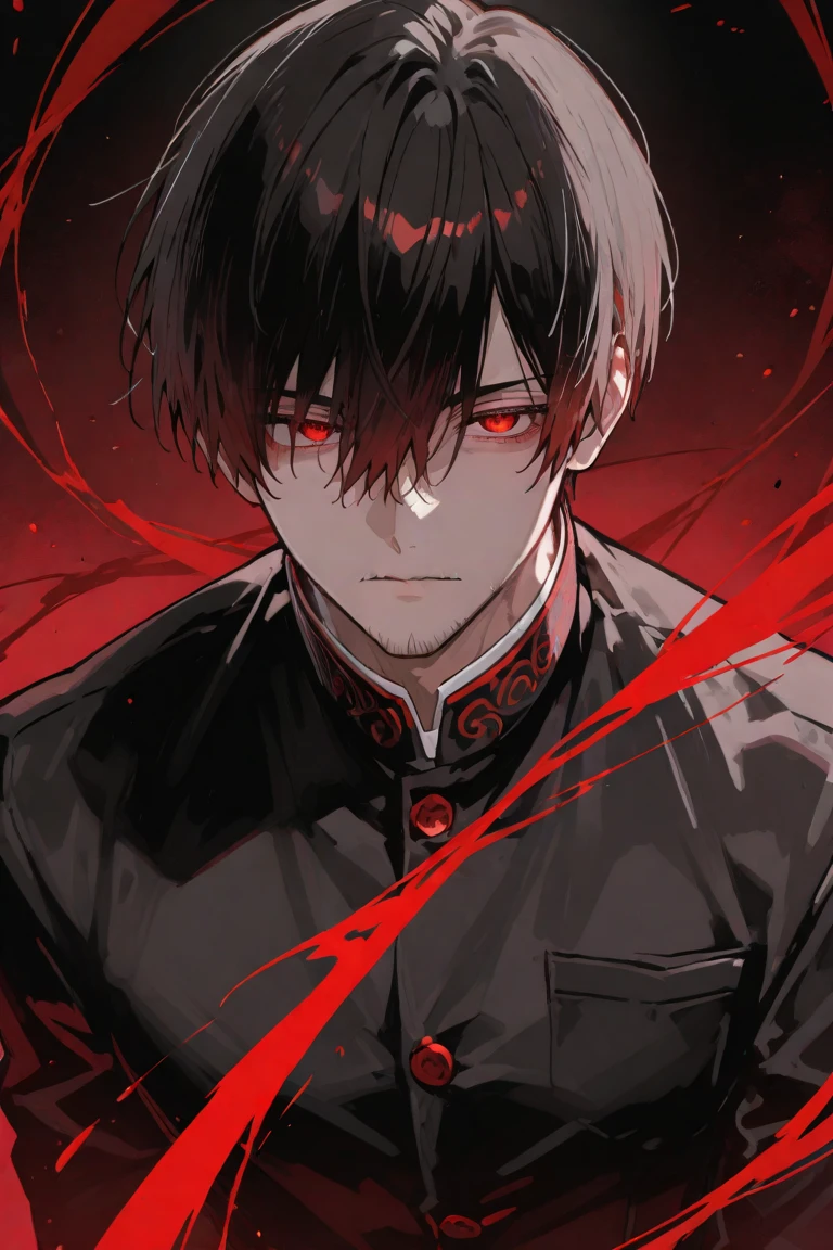 Young boy with black and dark red tips, have wolf ears and claws, wear black loosed shirt and black baggy pants, he's walking around the dark streets of Japan in middle of the night. {Good anatomy, Interesting pose, beautiful colors, good quality, anime style, only one person.}
