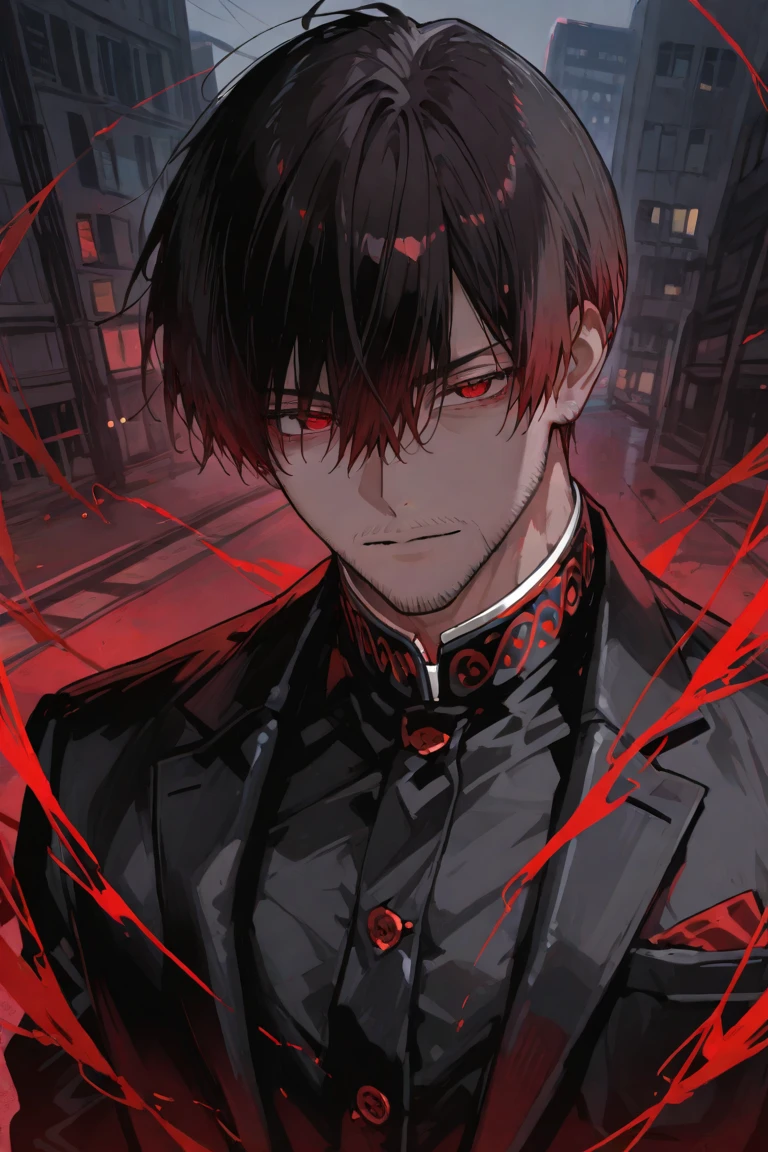One, beautiful, 1 man, with a sporty body, V-shaped body, black-bard Britannia suit with bloody elements, red veins on the arm, bloody details, model hair, short hair, black hair, blood red eyes, neon eyes, red threads, black light