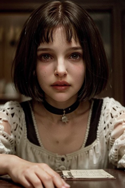 A unique artistic doll with large, round eyes that have intricate details. horror appearance, the doll is listening to music with headphones, the doll is hugging a small dirty boiled rag cat, the doll has a pale complexion with spots running down her cheeks, giving her a somewhat creepy appearance. Her hair is long, dark, and braided, with two large tattered bows on either side. The doll is dressed in a vintage-style dress with a crossover neckline, decorated with a black ribbon. The background is off, allowing the doll to be the main focus.
