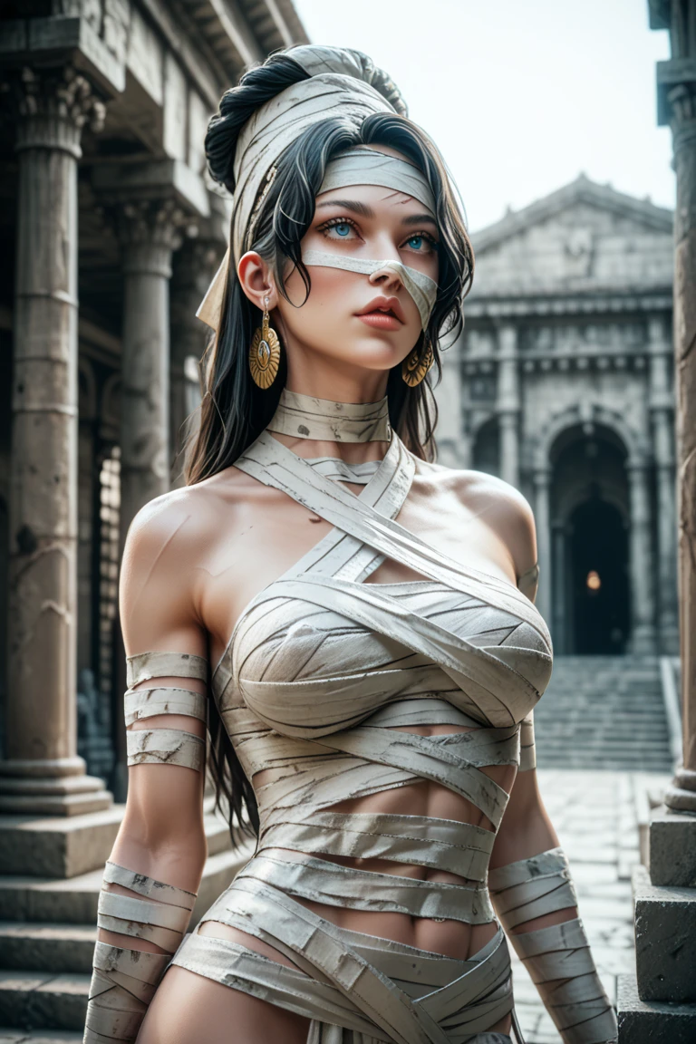 masterpiece, best quality, ultra-detailed, high resolution, extremely detailed, (Full Body Shot:1.3), (sharp focus:1.2), photo, attractive young female model, beautiful, Marijn Isabeau, 22 years old, (blue eyes:1.8), (((brown hair:1.2))), caucassian, long hair, (beautiful face:1.1), detailed eyes, luscious lips, (spooky:1.4) (cat eye makeup:0.85), (smile:1.2), wearing (necklace:1.2), (antique MUMMY BANDAGES:1.8), (beige dress:1.9) (bandages dress:1.9) (mummy off the shoulder, sleeveless dress:1.4) on a ( dark night:1.8). (desert:1.8), depth of field, bokeh, 4K, HDR. by (James C. Christensen:1.2|Jeremy Lipking:1.1), (soft light:1.9), (natural light:1.5)