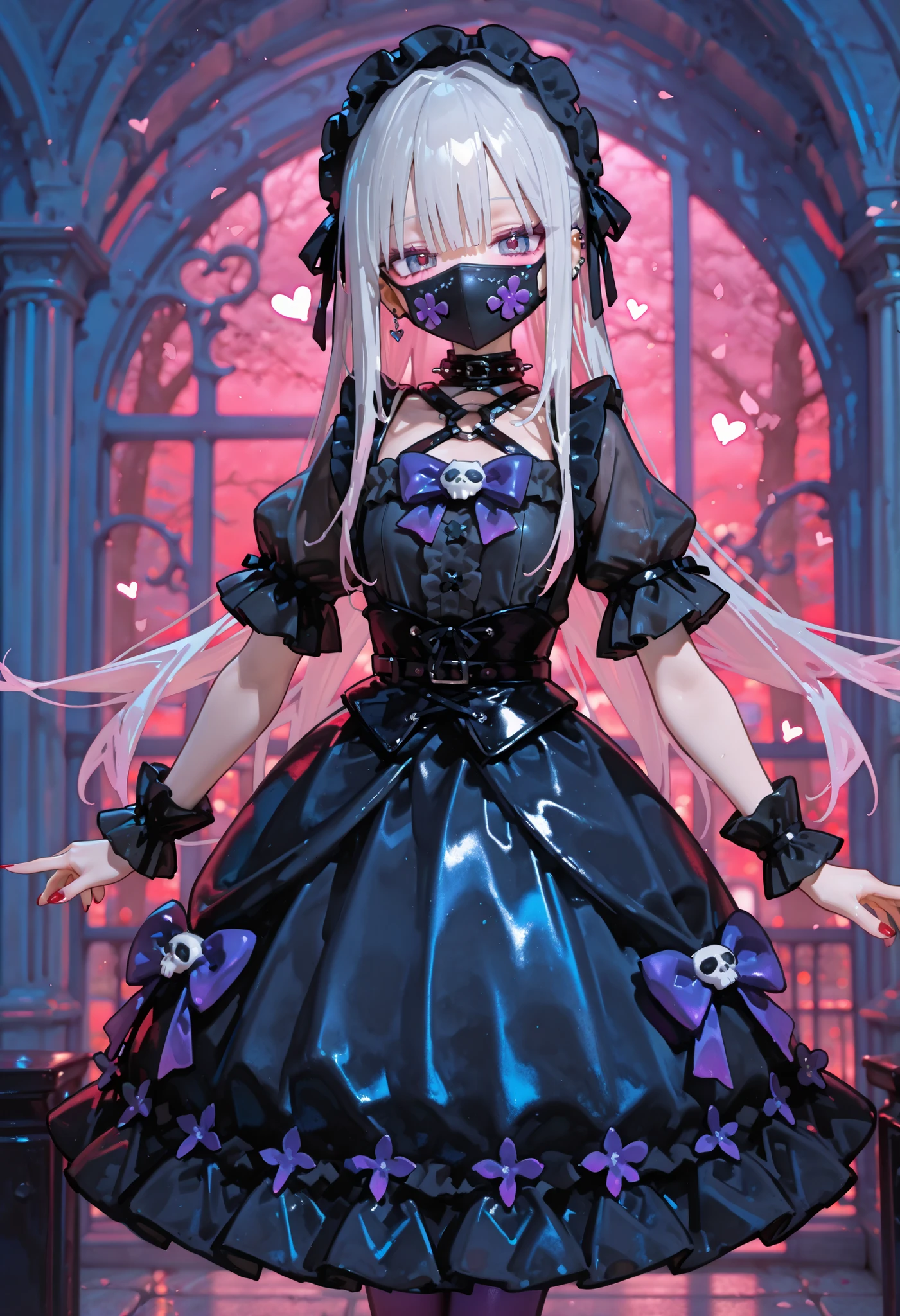 (masterpiece, top quality, best quality, official art, beautiful and aesthetic:1.2), 8K Wallpaper, (1 girl:1.4), extreme detailed, highest detailed ((ultra-detailed)), (highly detailed CG illustration), ((an extremely delicate and beautiful)), beautiful scene, dark fantasy, Forest of Curses background, night, (from front), ((1mechanical girl:1.2)), (loli:1.5, child:1.5 10yo:1.5), ((Perfect hands, Detailed fingers, Detailed eyes, Perfect legs, Detailed legs)), solo, full body, ((machine made joints:1.3)), Doll limbs, Doll Body, ((mechanical attachment to neck:1.2)), (standing:1.3, standing pose, upright stance), expressionless, (character focus), Perfect Anatomy, , revealing clothes, bare waist, knee-high boots, thong, lace panties, side tie panties, low rise panties:1.3), (Flat chest:1.5), ((Frilled hood:1.4, KITSUNE mask Person wearing KITSUNE mask on face:1.5, fusion gothic collar and gothic sleeves:1.3, gothic choker)), full-face-mask, hood up, ((holding chainsaw:1.3, extremely huge chainsaw in hands:1.2, mechanical circular saw)), (Very decorative intricate horror fashion, overly decorative fashion), fluffy bob cut hair, (Blunt bangs), ((purple hair, black inner hair:1.3)), (medium bob hair), pale skin, (Forest of Curses background, a woman standing on the blood), looking at viewer,