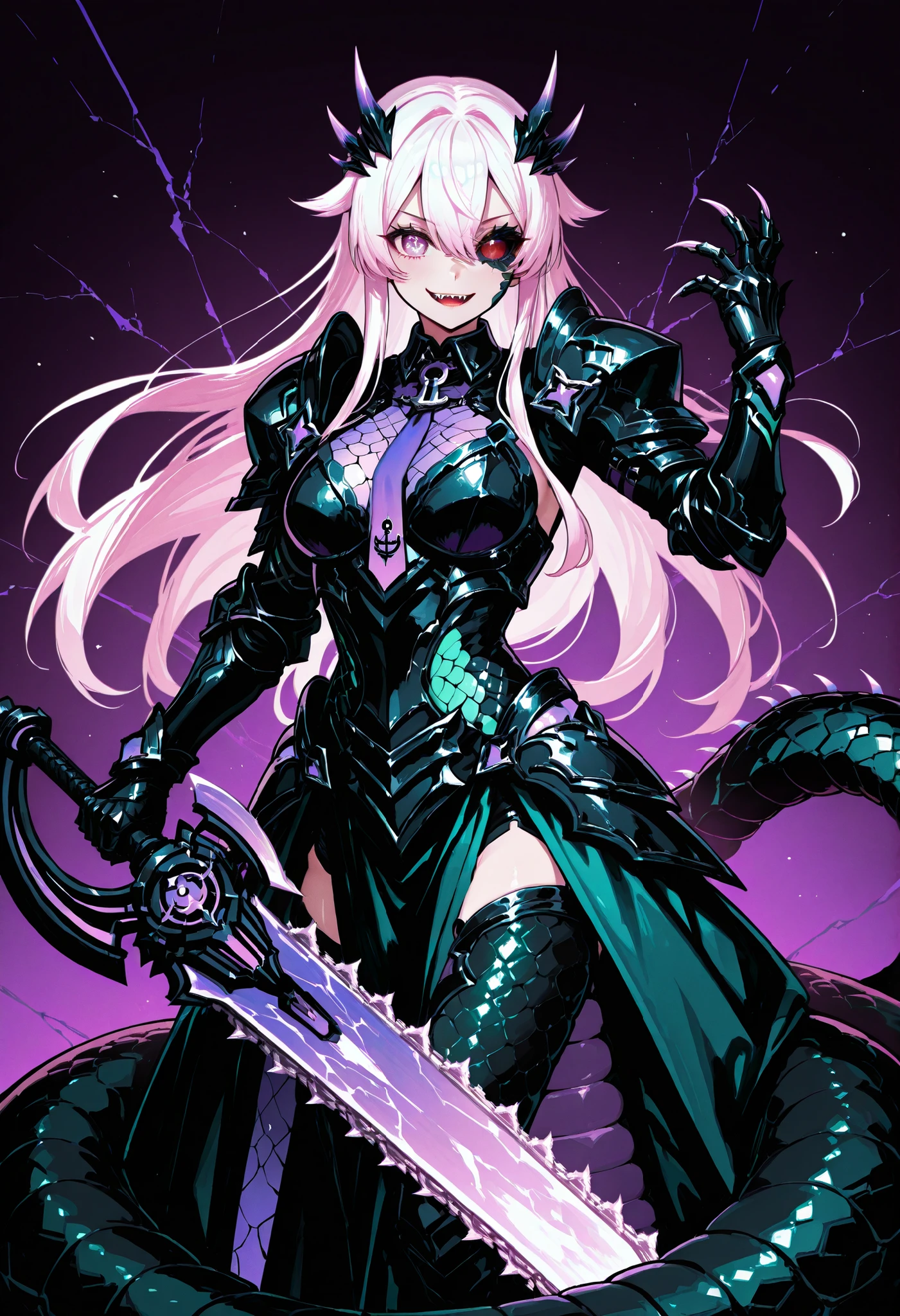 Lamia style girl. Centipede body. Black snake. Green scale pattern. Armor knight. Bright hair. Tie hair. Asymmetric eyes. Snake eyes. Snake skin face. Anchor charm on collar. Black armor. Purple decoration. Holographic crack costume. Sharp claws. Holding weapon. Chainsaw sword.