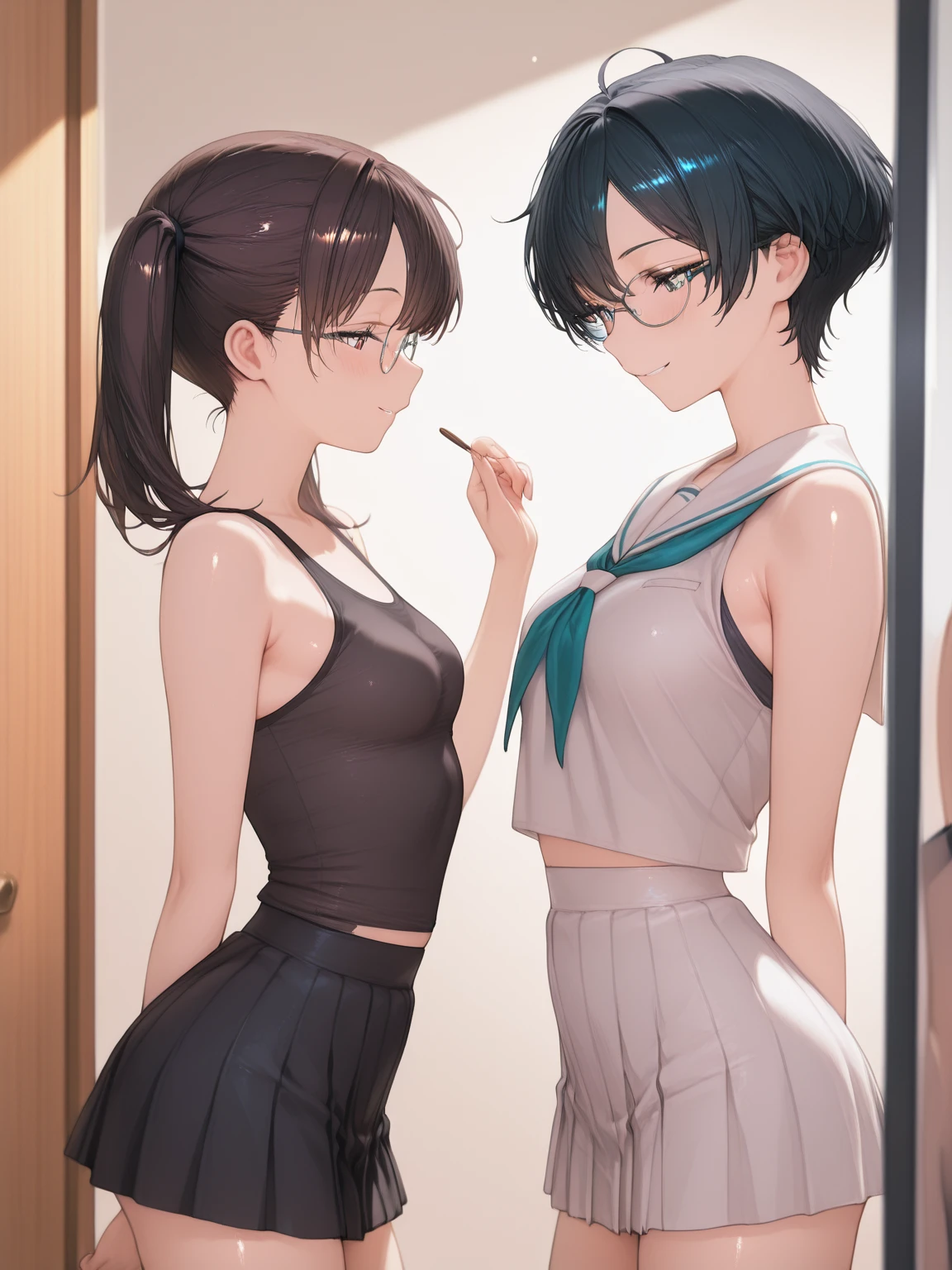 Naughty pose, Emphasize the chest, Big Breasts, , Wet and transparent, In underwear, Cute Bra, Put your hands on your crotch, Clear liquid leaking from the crotch, Cute Underwear, Long bangs, girl glaring, 16 years old, Big Breasts, Black Hair pigtails, pattsu, Black Hair, Worry, Glasses, Chubby,, Red cheeks,