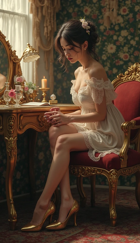 A thick textured oil painting, A Highly detailed, realistic oil painting of a elegant woman painitng her toe nails, while looking out the window,, Glass jar with pink roses on side table, slumped down in a chair with her feet upshe fell asleep while reading a book, she is nodding off, by open window , {{net curtains blowing with window breeze breeze}} clay interior walls, her eyes closed, perfect arms and hands, elegant in nature, beautiful backlighting on hair, full lips, wavy hair, up-do, her elbow leaning on arm of chair, {{Antique rosewood armchair / Georgian button back chair}}, with her hand resting under her chin, smiling about the events of the day, wearing a beautiful polka dots dress, with exposed cleavage, {{nudity}} breasts exposed and hanging out, {{1 breast out leaking milk from nipple}}, ((golden ratio}} sleepy after a long day, a sensual painting, a Beautiful expressive painting, Wadim Kashin. Ultra Painting realism, Louise Ross, Fine paintings, thick strokes, pallette knife, impasto, Albrecht Dürer, Rembrandt, baroque art, alla prima, sfumato, chiaroscuro, intense light, {{catchlight}} {{Bad hands}}