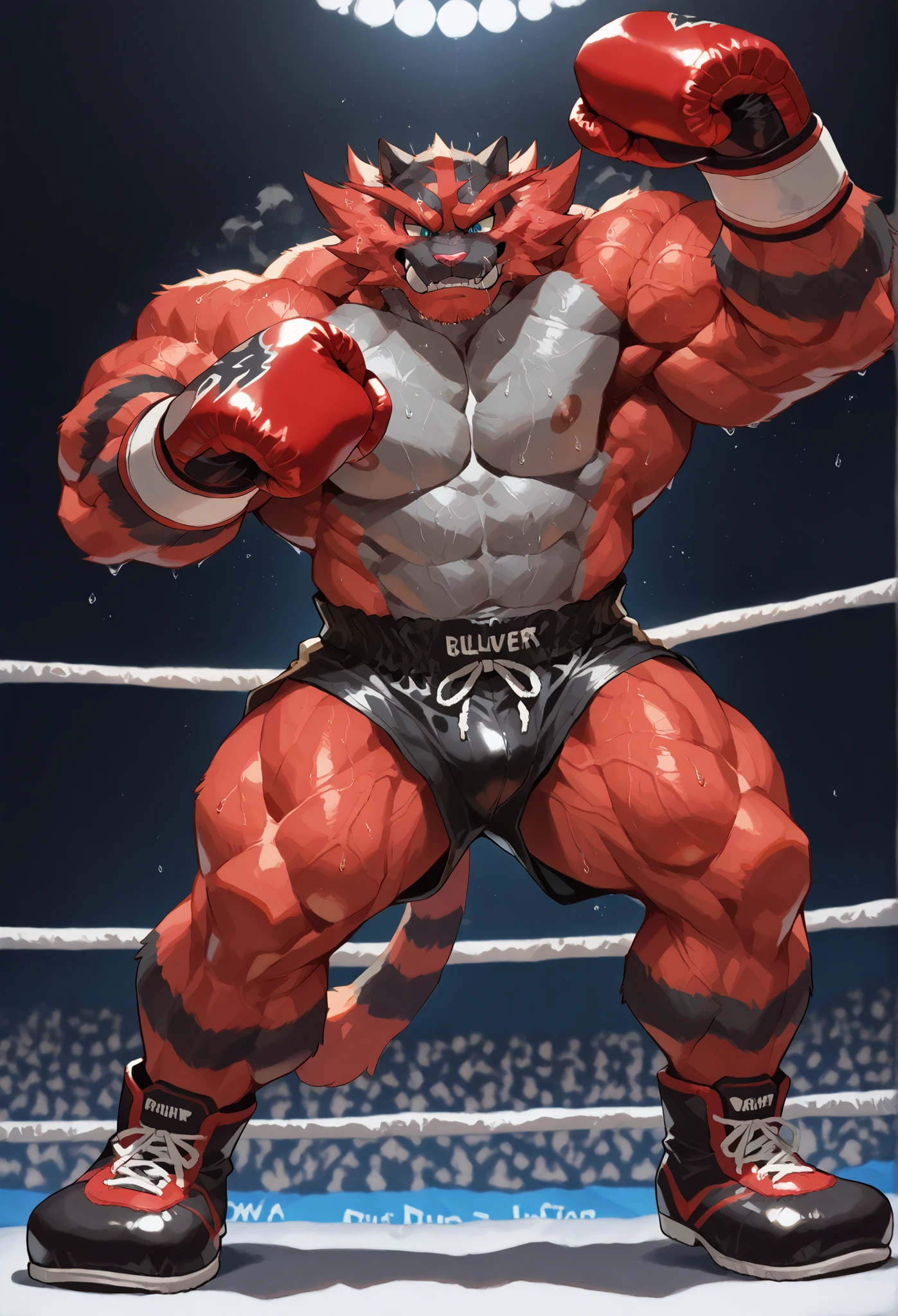 4K, masterpiece quality, pov_boxing, wildly Looking down on the losers, black boxing shoes, red boxing gloves, black boxing shorts with gold embrems, bulge, full body, depth of field, boxing, wildly posing with his chest out, fist pump pose with arms rising high, boxing ring background at midnight, Incineroar heavywait boxing champion, gay, furry male, black public hair, bulging heavy muscular, powerful muscles with protruding veins, wildly looking down on loser, bold expression, roaring triumphantly, bravely eyes, large pectorals, sweaty body, Angle of the loser looking up from directly below, steam, wearing red boxing gloves,