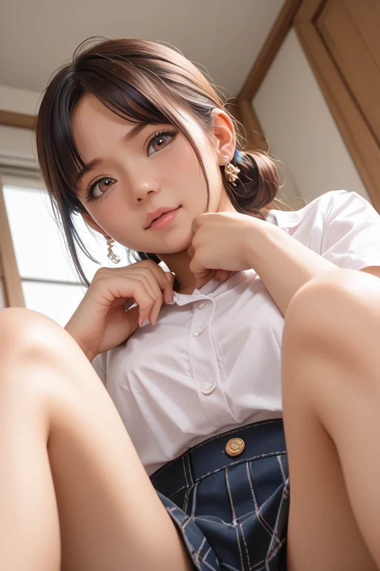 (A very cute 20 year old young woman from Japan), ((bright blonde delicate hair)), ((messy side wave short hair)),(((Slender and slender body type))),medium bust size、small breasts、 (((Clean hands))),(curly hair),(((very kind smile))), (((she wears random colored panties))),(((she is wearing a random colored bra))) ((top quality, 16K, table top: 1.3)), light shines on your face, highly detailed face, highly detailed lips, fine eyes,