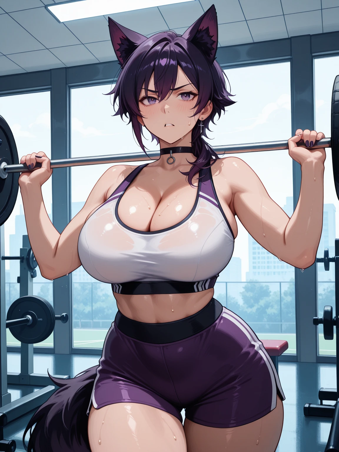 gym, workout, hot, sweating, sweaty, tan, big , tan skin, flustered, blush, purple clothes, purple top, purple yogapants yoga pants, black hair, curvy woman, sexy, cute,sitting on exerciseachine, closed eyes, eyes closed , exercise machines exercise machines , sitting on exercise machines , lifting, lifting weights, humongous breasts, purple top, sweating, curvy woman, sfw, lifting weights, lifting, lifting weights, curvy woman, sfw, huge curves, eyes closed. Closed eyes, eyes closed,