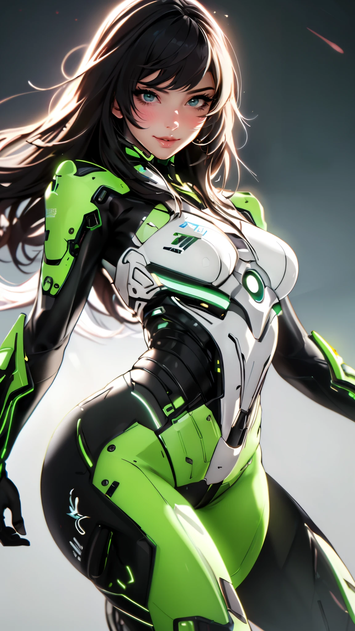 masterpiece, best quality, a beautiful woman with long shiny hair, choppy bangs, delicate face, passionate gaze, perfect smille, blush, seductive expression, tall and fit figure, perfect body, perfect skin, seductive pose, sexy Futuristic Technological Nanogel Clothing, the color scheme is primarily White with Green accents, this character embodies a finely crafted sexy beauty, exquisite and mature art style, mikoyan, anime aesthetic, simple shading, cell shading, goddess, feminine, exquisite photography, depth of field, bokeh, photorealistic, even and soft lighting on face, dramatic, high definition, highres, ultra detailed, professional photo, perfect body proportions, anatomically correct, symmetrical face, extremely detailed eyes and face, perfect eyes, high quality eyes, creativity, RAW photo, UHD, 32k, portrait lighting, cinematic lighting, (masterpiece-anatomy-perfect:1.2)