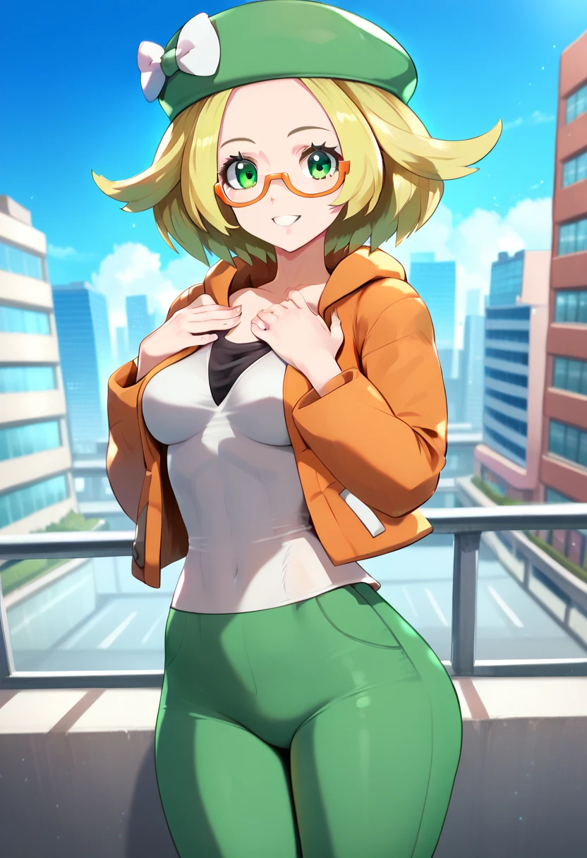 Anime, masterpiece, absurdres, Bianca \(pokemon\), solo, (close-up:1.1), facing viewer, looking at viewer, smirk, standing, white shirt, orange jacket, green skirt, green headwear, hat bow, white bow, red-framed eyewear, (glasses:1.1), outdoors, park, wind, (falling (leaves:1.2)), summer, clouds, grass, wallpaper, sidelighting, large breasts, 