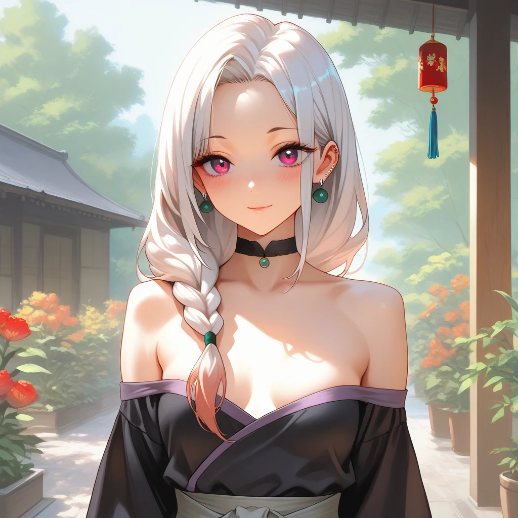 anime girl com longos white hair and blue eyes wearing a white dress, white hair deity, de white hair, with white hair, white hair, white hair lady, com longos white hair, sexy cleavage outfit, black clothing, beatiful , transparent black clothing, big neckline, roupa sensuous, sexy girl, black bikini, black swimwear, flowing white hair, sexy girl, sensuous, sorriso sensuous, charming smile, provocative clothes, big boobies, decote sensuous, nature background, add trees and nature background, provocative smile, smiling seductively