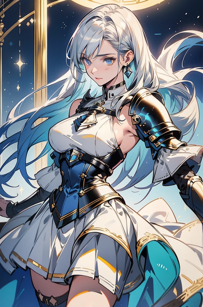 highres, highest quality, illustration, ultra detailed, (detailed face), (detailed eyes), cinematic lighting, best quality, hyper detailed, masterpiece,1girl, solo, long hair, blue-streaked silver hair, blue eyes, long blue color female knight dress, chest armor, sleeveless, bare shoulder, white detached handsock, ornamental gold bracelet, white skirt, black high thigh stocking, ruins, serious look, luminous eyes, big breasts, light rays, (colorful), head to thigh, magic circles