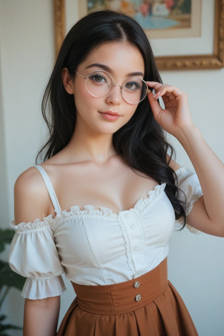 Black long straight hair, hairband, windy, light brown eyes, a sexy caucasian skinny nerdy young girl with black glasses, natural nude elegant makeup (complex details: 1.2), (highest quality: 1.4), (ultra high definition: 1.2), ultra high definition, (detailed eyes), (detailed facial features), HDR, 8k resolution, side portrait, keeping flowers, posing, folk, ,wearing red top, elegant and classy, red lipstick, seductive, smiling naturally, nice earrings