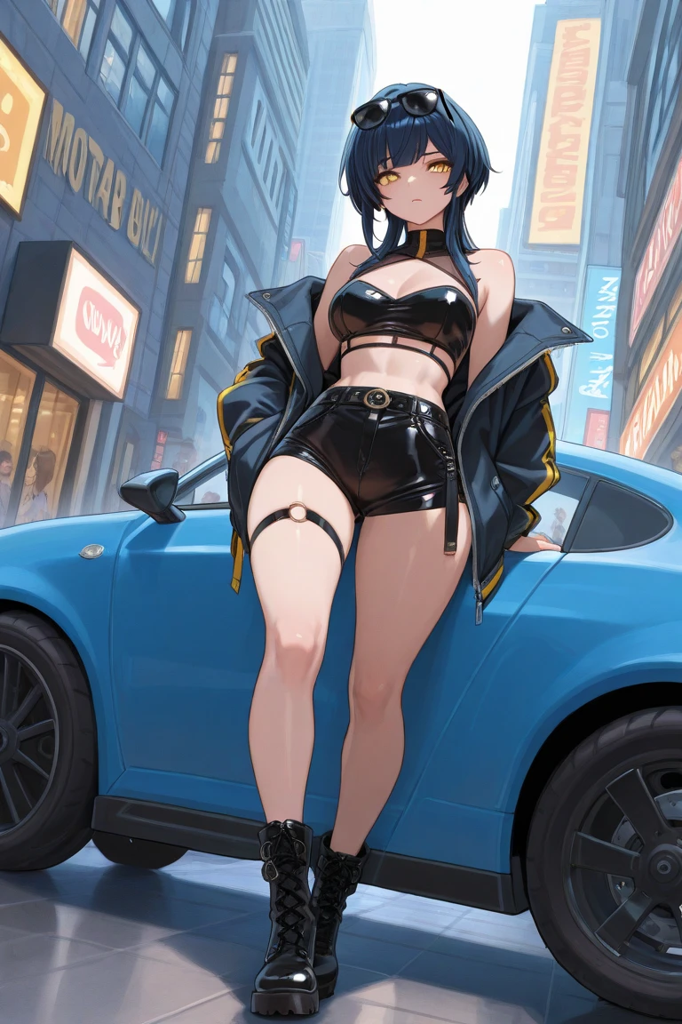 (masterpiece, best quality:1.37), highres, ultra-detailed, ultra-sharp, BREAK, Japanese school girl model, 1girl, (beautiful anime face, cute face, detailed face), (black hair, short hair, bangs), blue eyes, jewelry, earrings, piercing, BREAK, ((detailed yellow race queen costume:1.5), (detailed rubber bikini tops and shorts:1.3, sleeveless)), lovely look, detailed clothes), light smile, closed mouth, parted lips, pink lipstick, BREAK, standing, arms behind on hip, leaning forward, cowboy shot, detailed human hands, HDTV:1.2, ((detailed car competition view background:1.3)), 8 life size, slender, anime style, anime style school girl, perfect anatomy, perfect proportion, inspiration from Kyoto animation and A-1 picture, late evening, excellent lighting, bright colors, clean lines, photorealistic