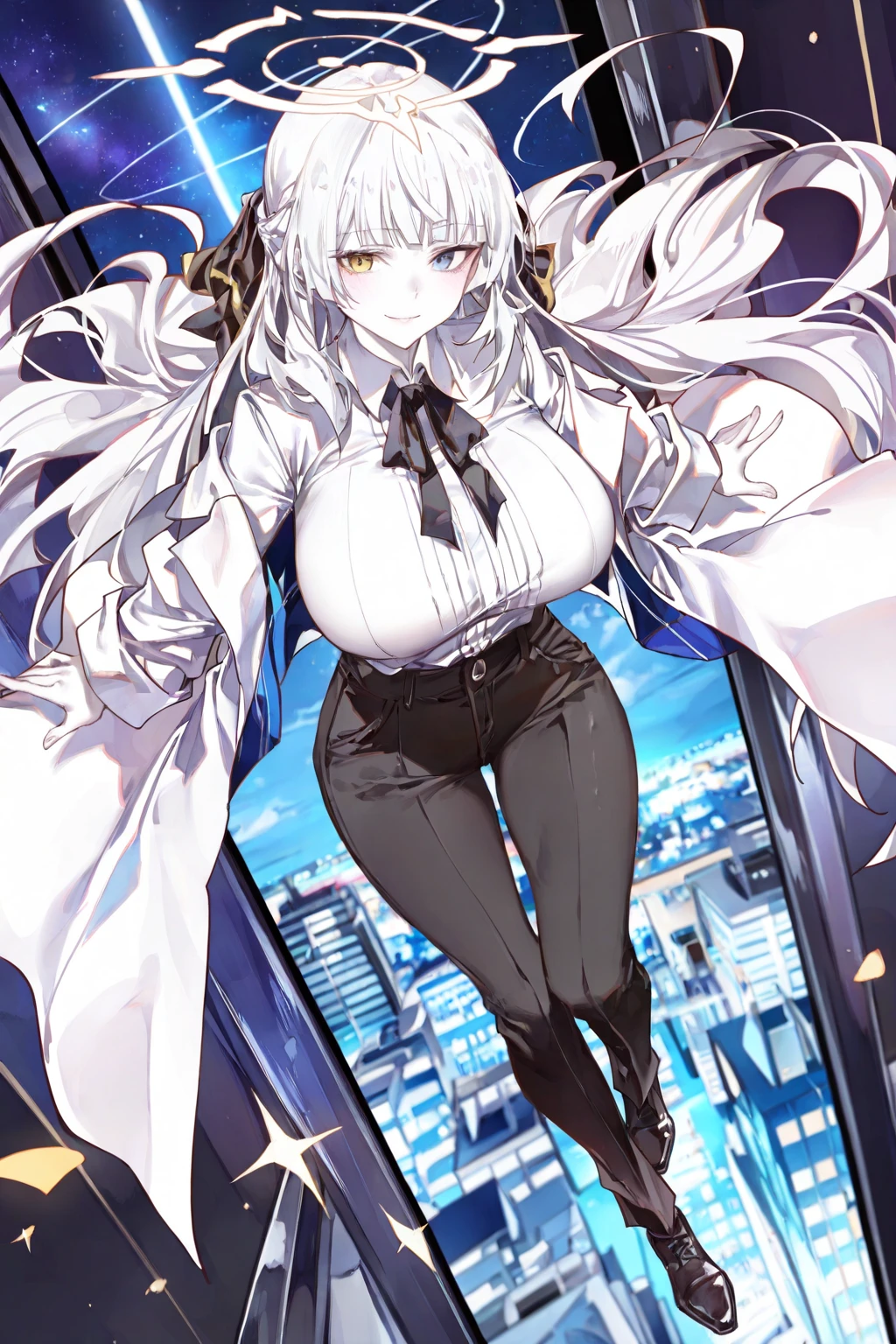 (Highest quality), (High resolution), (masterpiece), (Super detailed), Silver Hair, Long Hair, Blue and purple eyes, Blue Archive Art Style, One girl, Silky skin, Shiny skin, An athletic body, blush, Heavy breathing, chest, (Fantasy style clothing, Black long coat, White shirt, Black tie, Black trousers), View from below, (Bright saturation), Stand up straight, Dripping love juice, Heart Pupil, (大きなchest:1.1), Expression of pleasure, Trembling with sexual climax, Heavy breathing, Night Alley