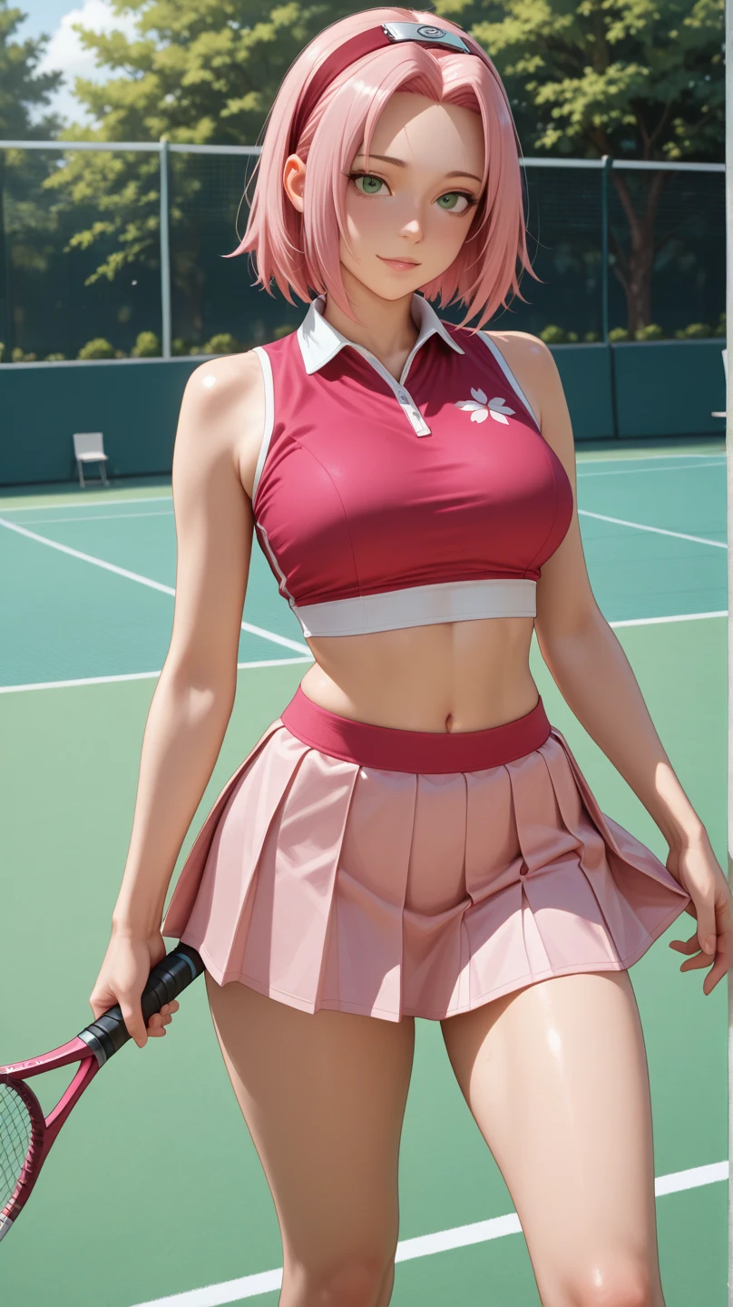 1girl, 独奏, White polo shirt, White sneakers, Pink tennis suit, white mini-skirt, tmasterpiece, Best quality at best, realisticlying, ultra - detailed, (shiny skins, perspired:1.4), absurderes, looking at viewert, with short black hair, with brown eye,slenderness,Dynamic light and shadow,A high resolution,Sharp focus,depth of fields,The eyes are delicate,Sharp pupils,pupil realistic,(smallunderboob:1.6),(Thigh thick:1.0),exteriors,Skysky