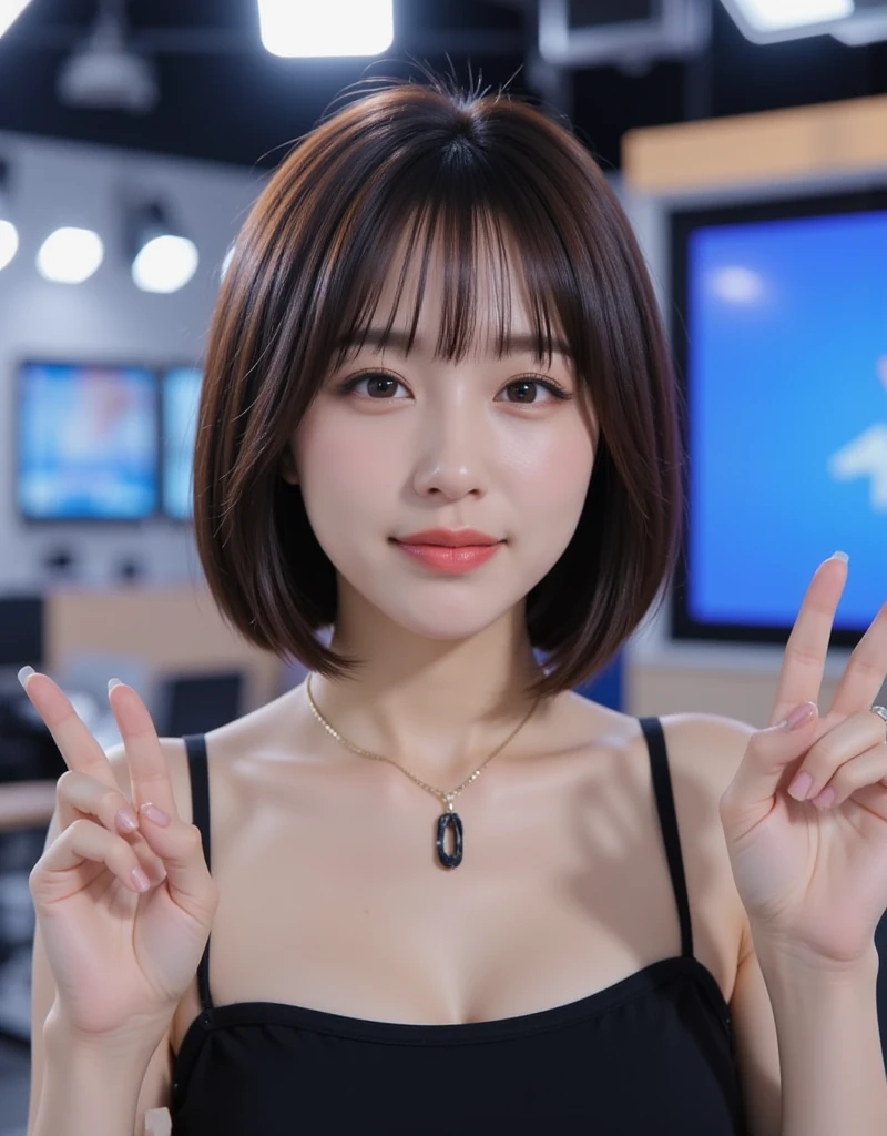 Beautiful woman with perfect body, Very detailed face and skin textures, smiley face, delicate eyes, short hair, Small messy hair, hosting a news broadcast in studio with a news background behind her, High resolution, lifelike