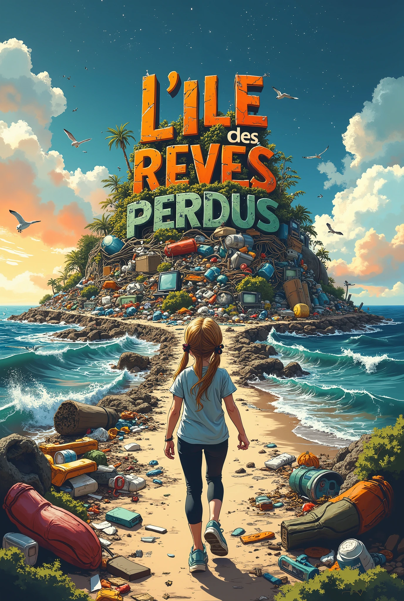 A whimsical, vibrant illustration featuring the title : “L'ILE des REVES PERDUS” made in recycled waste, garbage damaged letters in a grunge, gross, cartoon font, this title on top of a nasty polluted island hill of trash, a dirty ocean around filled with black oil, fishing nets, plastic bottles, plastic bags, cardboards, papers, boxes, computers, electronic devices, broken stuffs, tv screens, miscellaneous equipment, seaweeds and cans floating on water with dirty waves. A girl seen from behind, long blonde hair pigtails wearing a legging, t-shirt and sport shoes, is walking on a sandy filthy path beach leading to this island littered with rubbish and wires. All in a joyful and colorful scene, Sunset lighting mood, backlight, night sky stars and little seagulls far away, at dusk with clouds in a dreamlike background, fantasy, original perspective in a ren’s book style