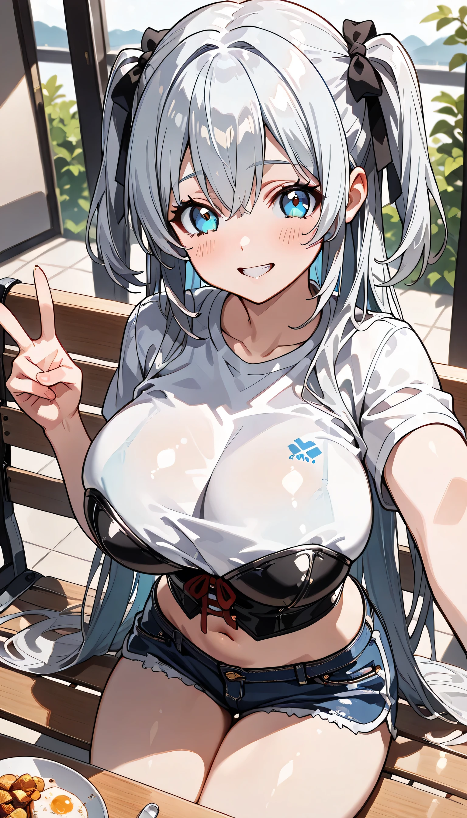 highest quality,((highest quality)),((Tabletop)),((Perfect Face)),1 girl,(Background Blur), One girl, labrynth, Silver Hair, Grey Eyes, big breasts, horn, Red tracksuit, Unzip, Cleavage,A refined laugh, Exquisite, blush,