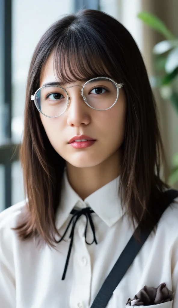 (8K、Raw photo、Highest quality、masterpiece:1.2)、(Realistic、Photorealistic:1.37)、Ultra-detailed、Ultra-high resolution、1 girl、Seeing the viewer、Beautifully detailed face、Laughter、narrow、(Slim waist) :1.3)、shortcut、Beautifully detailed skin、Skin Texture、Floating Hair、Professional Lighting、Waiting for the train on the platform、Black-rimmed square glasses 、Human whole body、Brown Hair、