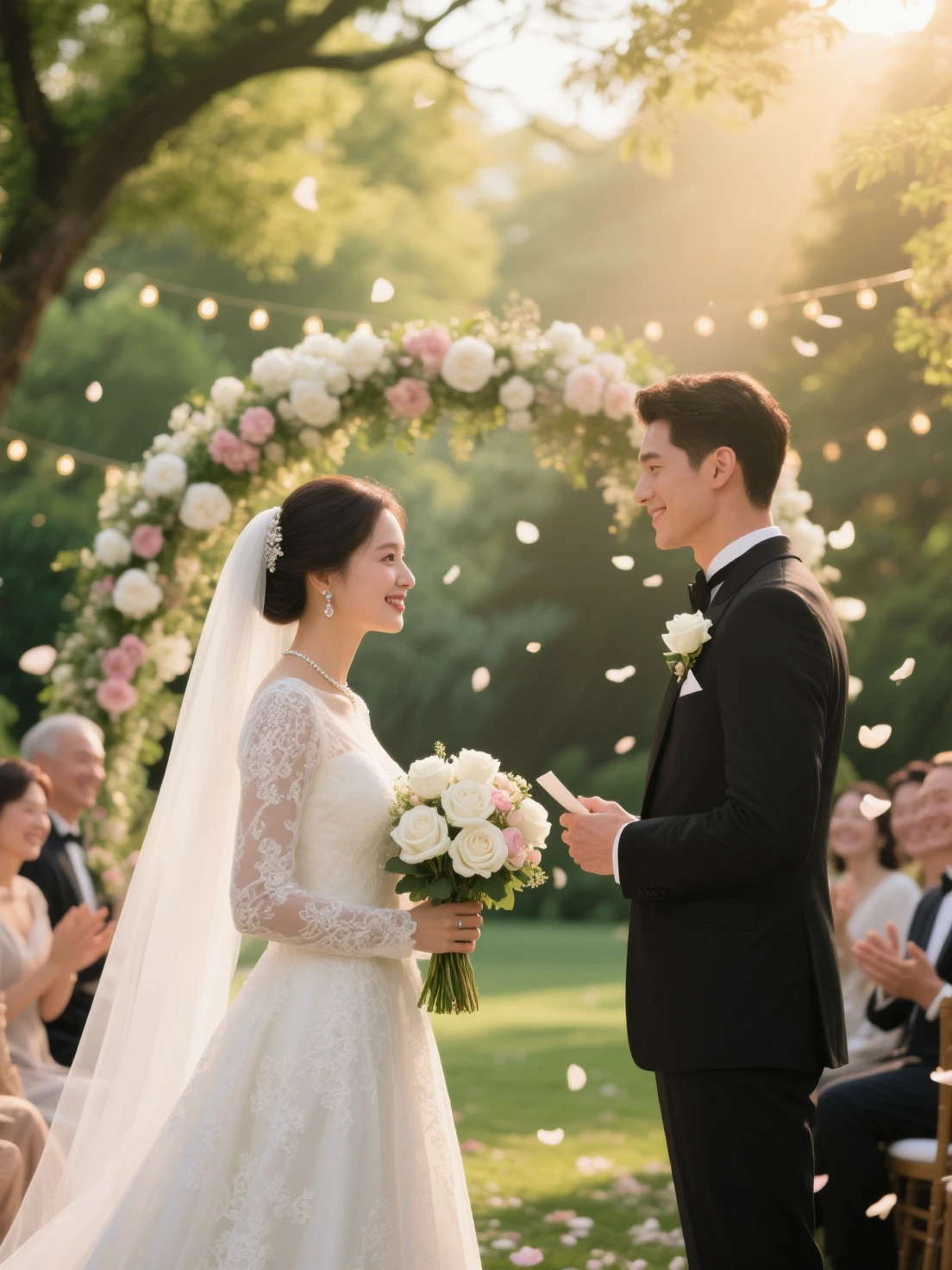 Image: A couple exchanging vows under a canopy of flowers, with a serene expression on their faces.
Prompt: Film a close-up of a couple exchanging vows, showcasing the strength and sincerity of their promise.