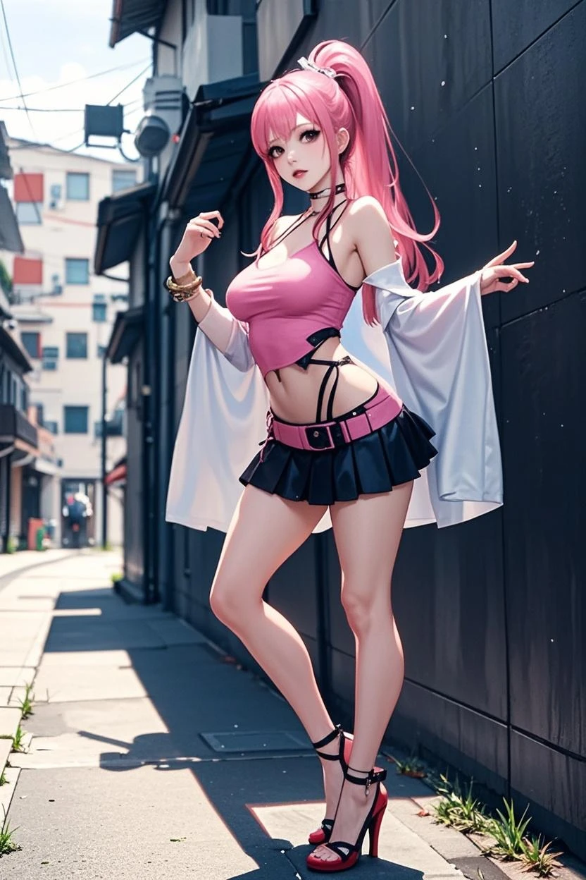 Zero two darling in the franxx, underboob, little semi transparent black top, pink erected nipples, smiling to the camera, bunny pose, sexy pose, view from below, micro mini skirt, we see her slim fit ass, she is at a street Day light ciberpunk City, 8k, real skin, realystic, hdr, Ultra resolution, light leaks