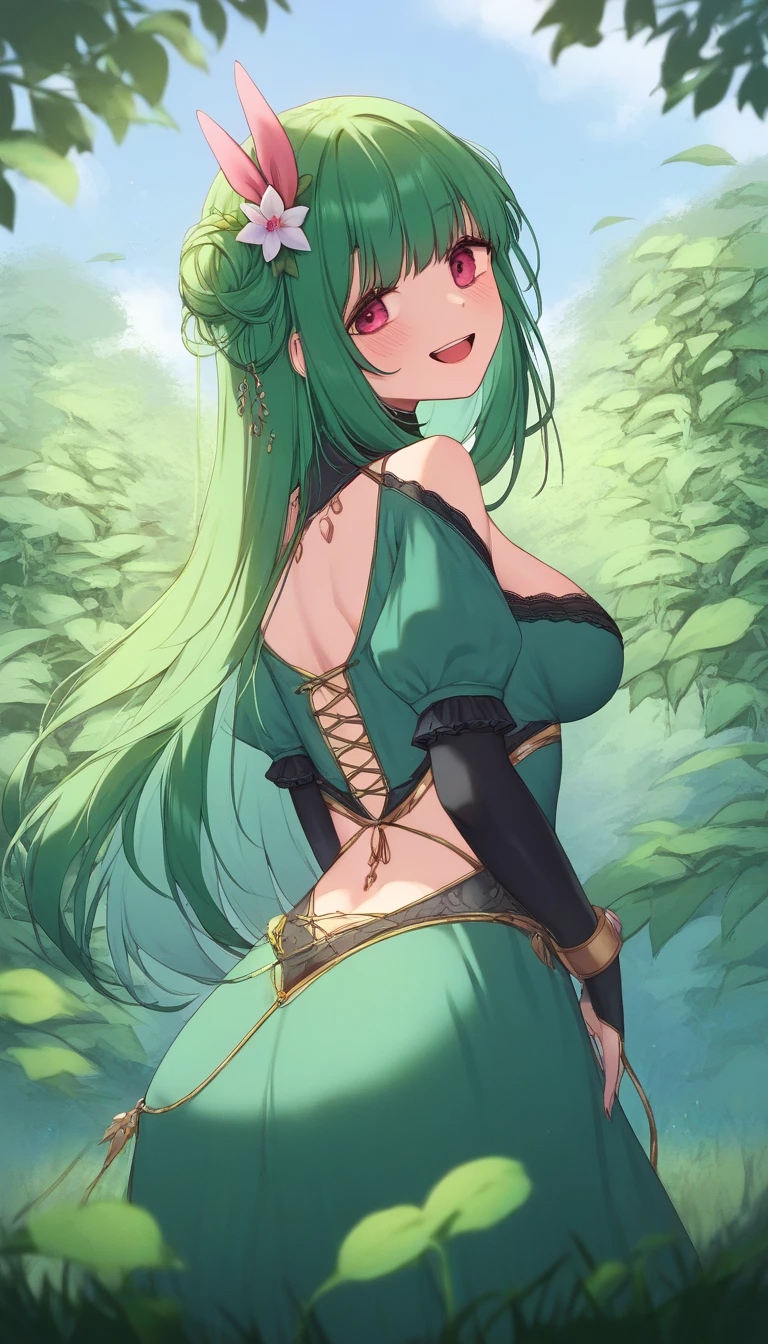standing in grassy field,A naked fox girl with waist-length green hair,Sexy and charming, with a wide bust