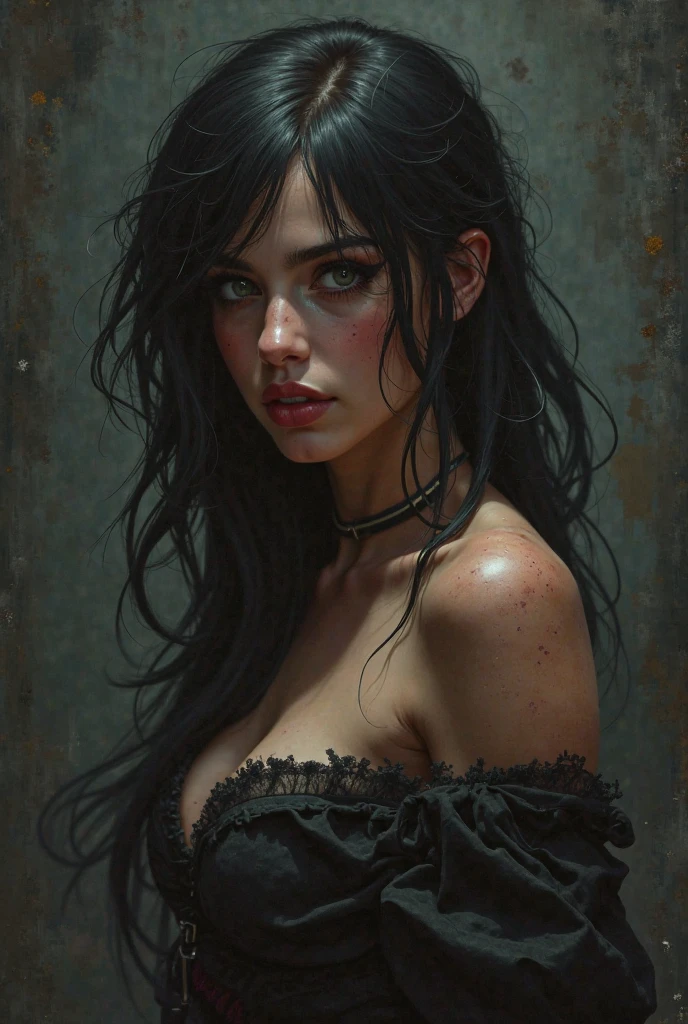 Middle-aged home woman. Drina is dressed in torn and rotten clothes that seem to blend seamlessly with her surroundings. Her hair is disheveled and tangled, and her skin is covered in dirt and grime. However, her eyes glow with an anxious intelligence. Frank Frazetta (masterpiece)...Full size. slim girl, beautiful ager, parted lips, plump lips, ultra-realistic eyes, pink lipstick, (black bodysuit: 1), masterpiece, (best quality: 1, 5), perfect lighting, very detailed, uhd, hdr, urban background, large anime eyes, ultra realistic.