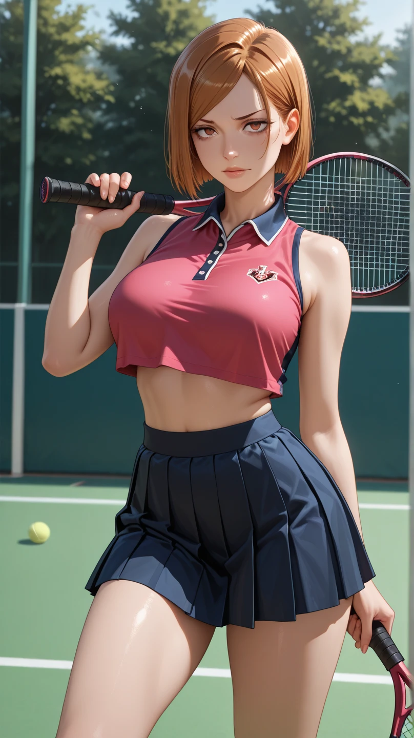 Maisie Williams, masterpiece quality, realistic, lots of detail, 1girl, solo, alone, (alone:1.9), beautiful sunny day, beautiful clouds in sky, on a tennis court, wearing a tennis uniform, wearing cop top, midriff, wearing short pleated skirt, average breasts, (average breasts:1.3), thin body, (thin:1.3), sexy pose, seductive face,