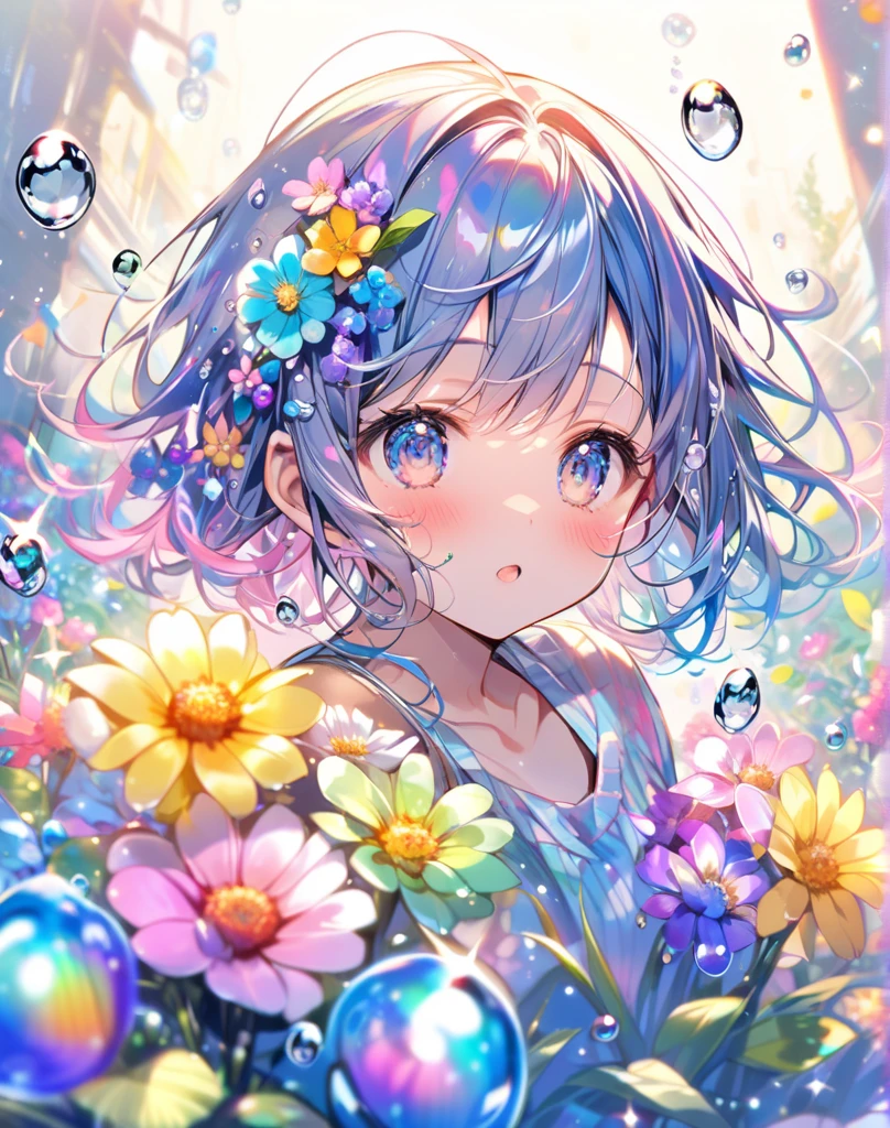 photoRealstic、Doll standing in front of the painting(nendroid)、A smile、Water droplets on the cheeks、Put your hand to your mouth and smile、Sengai、pixiv、rokoko、dollfie dream、watercolor Nendoroid、(High Definition Figure)、Flowing iridescent silk、up of face、Eye Up、Bikini swimwear、There are also flowers in front of the nendroids、flower petals、water dripping、season!!: 夏天☀ 🍂
