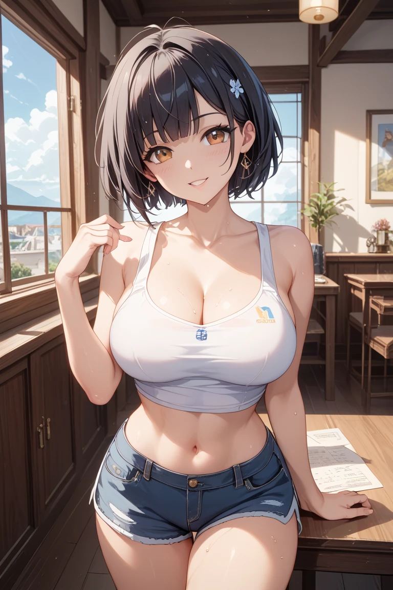 (best quality: 1.2), (masterpiece, best quality, ultra high res, 8k, perfect anatomy, extremely detailed), (extremely detailed CG unity), (1lady), solo, (abs:0.6),(27 years old:1.5),(black eyes),(dark brown hair), (bob cut), (medium breasts:1.3),(Navel exposed:1.3),full-face blush,face is turning red, (thick thighs:1.4),((collarbone)),(muscular shoulder:1.4),( white tank top:1.5),(denim short pants:1.2),(smile:1.0),(huge areola),(erection of nipple:0.8),(ecstasy:1.3), upward glance,bedroom,(Forehead:1.3), impossible clothe,(leaning forward:1.2), Puffing out chest, upper body,NSFW