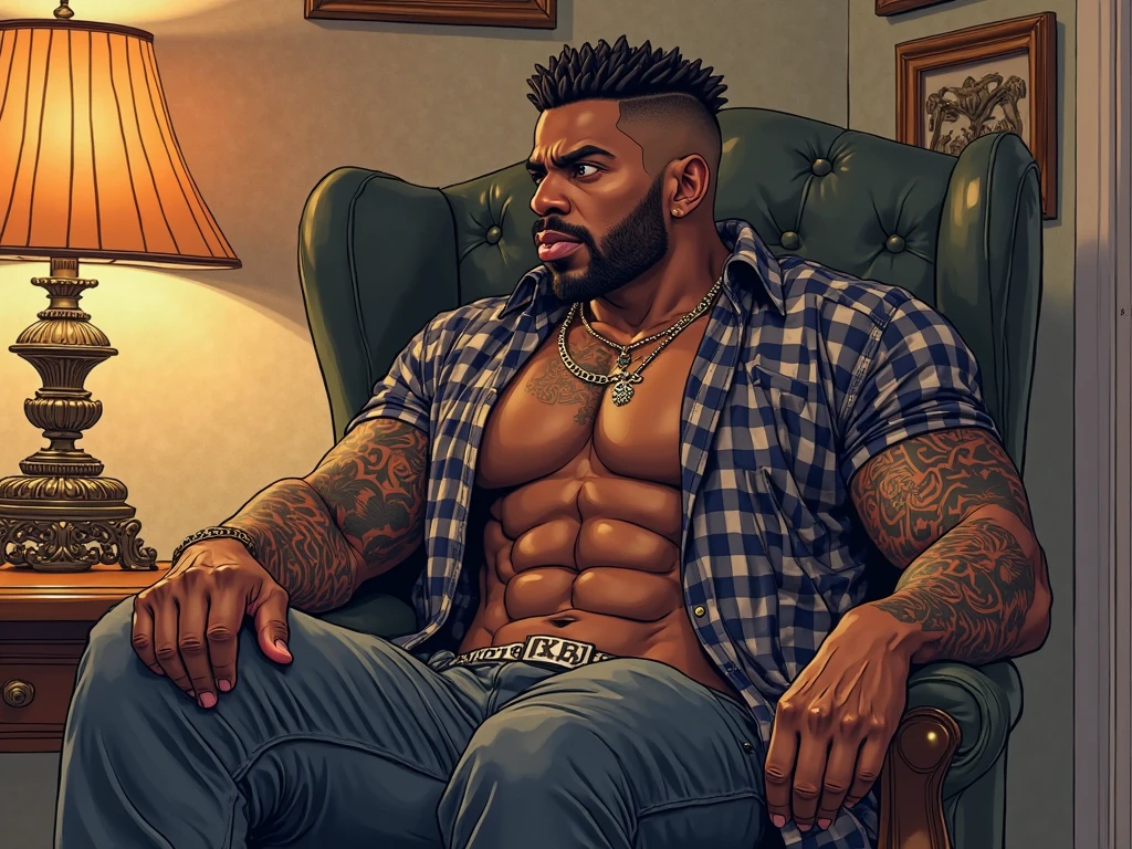 The most sexy and handsome nude african American male, black hair, green eyes, muscular and athletic build, tons of tattoos and piercings, only wearing blue jeans, in his bed, highly detailed bedroom, perfect masterpiece, high quality, high resolution