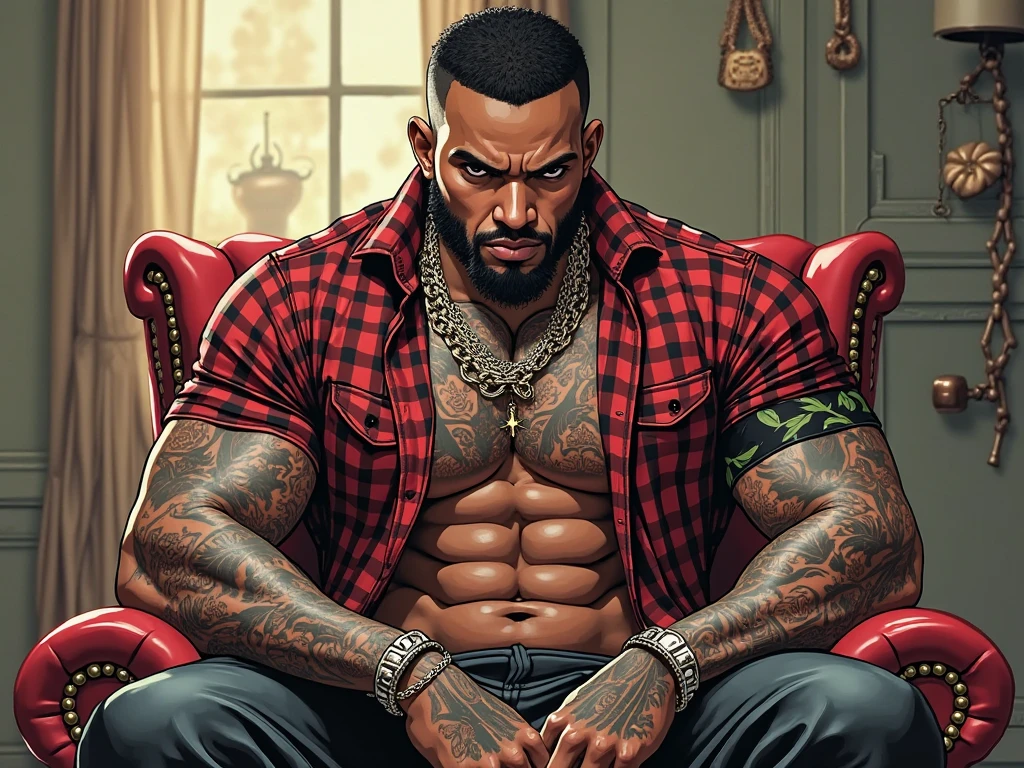 He has black skin, red eyes. Red demon eyes. Neon red eyes. He wears a black outfit. The scene is set in a hospital. He is a brown man, he has black skin. He is fat. African American. Dad body, chubby arms, chubby legs, chubby stomach, ,flat stomach, chubby face, chubby, stretch marks. Chubby belly. goth guy, emo guy, goth clothes, Dreadlocks, long red hair. Black shirt, black pants, belly fat, muffin top, protruding belly, tattoos, piercings , flat belly, fat belly, beer belly,