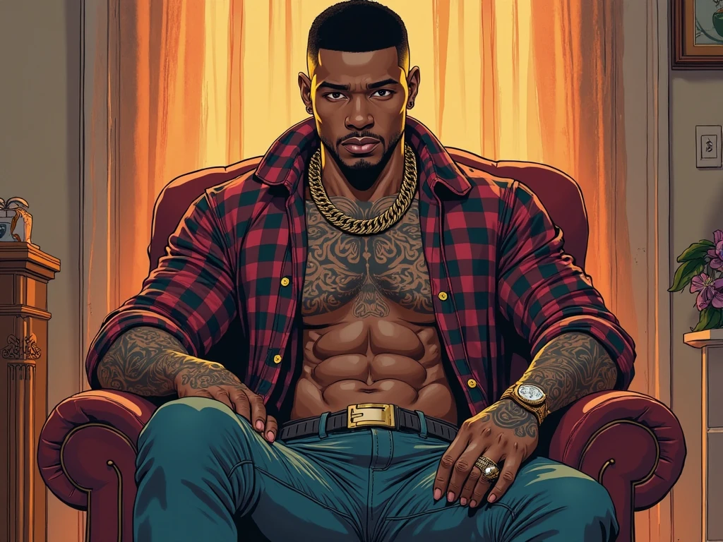 African man lying on bed shirtless, detailed skin, lower half of body covered, with short shorts, with African sheets (sheets with African fabric) African tribal background, splashes of milky white transparent goo on his upper view of abdomen (male focus) masterpiece