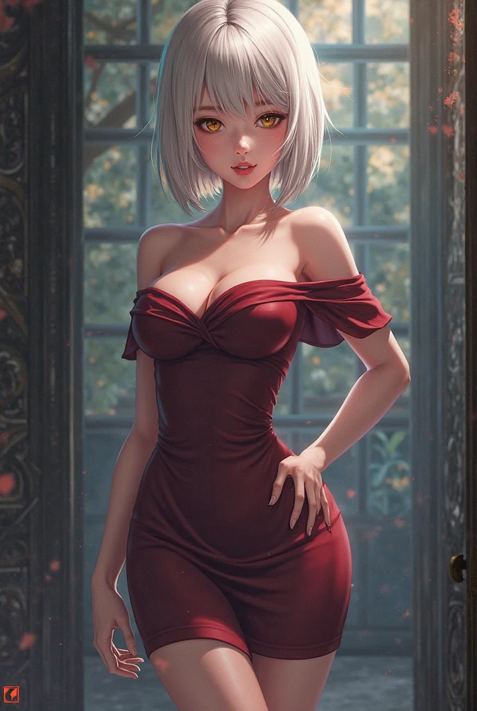 "An absolute masterpiece with top-notch quality, featuring the intriguing character Hmbea. Her striking green eyes, sexy, With her model-like looks and a touch of blush, in a dirty dark alley at night" Moody lighting, lusty expression, 5 fingers, ((masterpiece,best quality)), absurdres, (bea), green eyes, white hair, hairband, ((pink dress)), jewelry, black jacket, open clothes, long sleeves,  solo, looking at viewer, cowboy shot, cinematic composition, contrapposto, ((strapless dress)), tan skin, large breasts, muscular