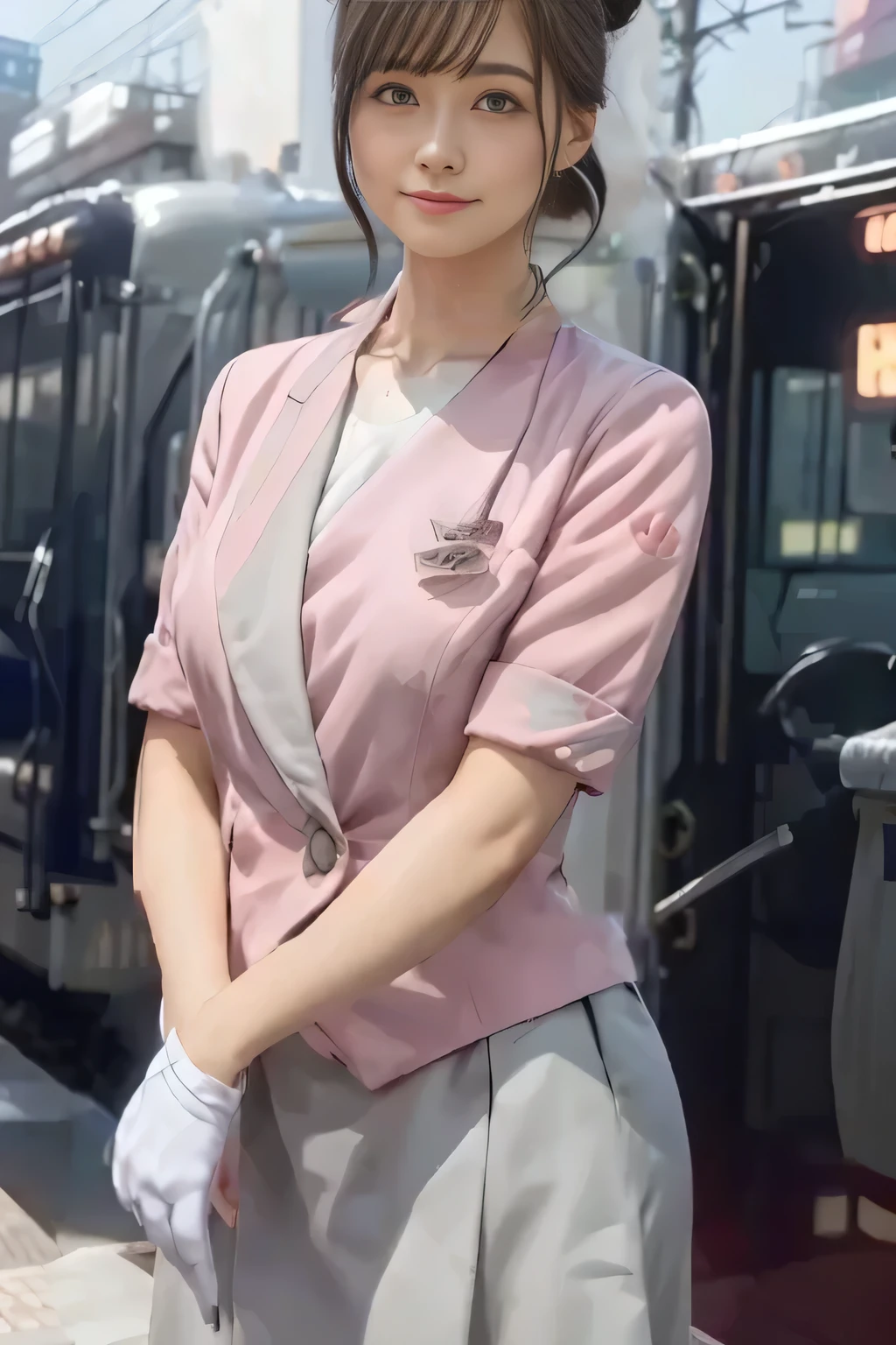(masterpiece:1.2, Highest Quality:1.2), 32kHDR, oconnor , (alone、 1 girl on break day)、( Daytime building roof 、 Professional Lighting)、 Facing the roof of the building 、( Nankai train crew uniform pink real style )、(( Nankai train crew uniform pink short sleeve jacket))、((short sleeve collarless blouse ))、((Nankai train crew uniform pink gray wrap culotte skirt))、 Dark Brown Hair 、( Dot-like hair、hair bun、hair bun)、 Dark Brown Hair 、 long hit 、Big Breasts、 Continue reading 、(( amazing hand :2.0)),(( A harmonious body shape :1.5)),((generally肢体:2.0)),((generally :2.0)),(( Delicate Eyes Full of Determination :2.0)),((generally目:2.0)))、smile、( wear pink pink in Nankai train crew uniform style ) 、 hands are crossed under the body