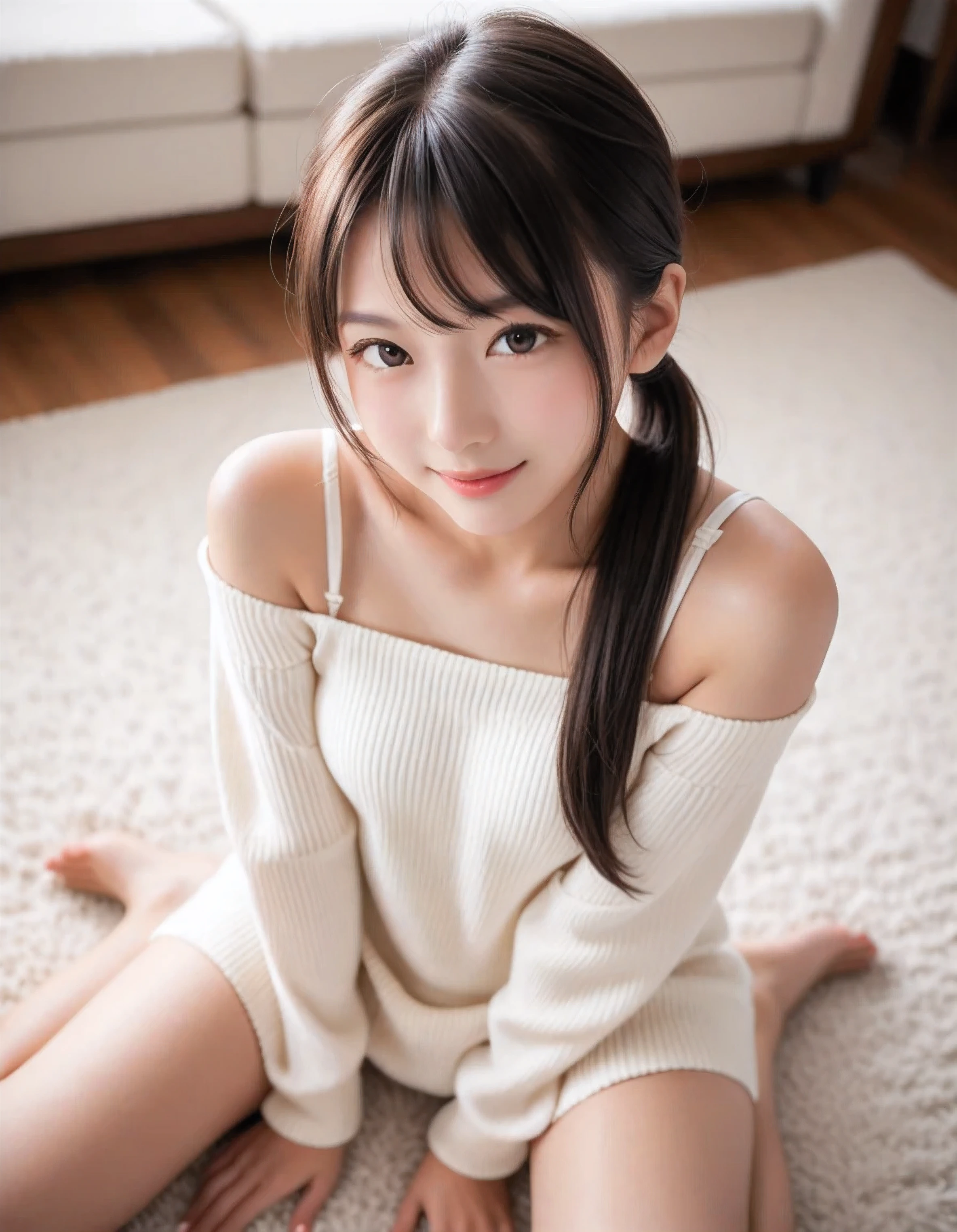 score_9, score_8_up, score_7_up, super detailed, 32K, Masterpiece, top quality, super high definition ,nsfw, official art, photorealistic, solo, 1 classy Japanese girl, ((ponytail)), black hair, smaller face, natural makeup, cute face, small breasts, curvy body, perfect_proportioned body, Detailed high quality, Realistic depiction of face, fair skin, off shoulder cable knit sweater dress, white lace panties, camel toe, frog-sit on the floor, (wariza:1.3), in the living room, hands on thighs, from above, POV, gentle smile,