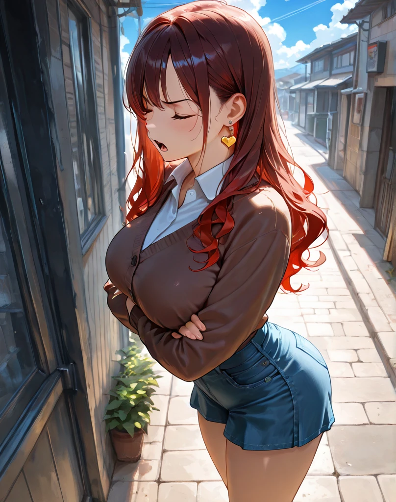 1girl, anime girl, anime, girl, 2d girl, 18y, (fullbody), standing, green eyes, smiling, blush, (long hair, single ponytail, red hair), ((blouse)), Solo, big , big breasts, sfw, Tight Shorts, low waist shorts, upshorts, from below, the city background, flowers, afternoon sky, looking at viewer, darker shadows, (((sexy))), (((shorts))), (((absurdres))), (((thigh gap))), cameltoe, (((cameltoe))), (((cleft of venus))), (((lowleg shorts))),