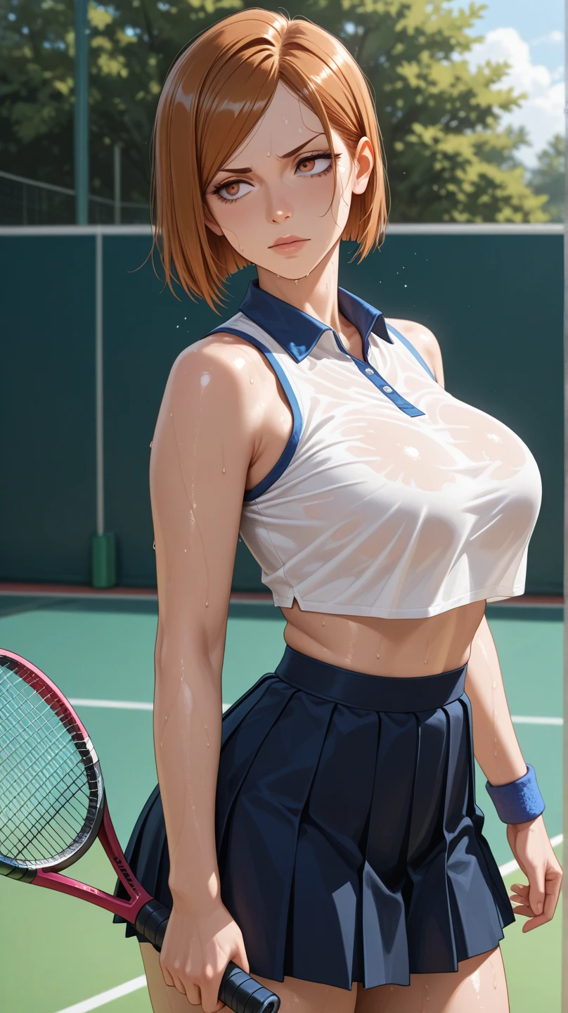 chris、25 years old、Redhead (shortcuts:1.9)、beautiful woman in long poloshirts, playing tennis, gigantic breasts, (cleavage:-1.9)