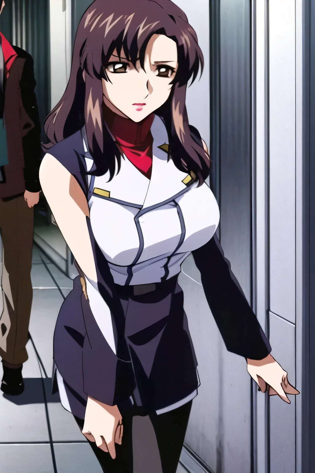 KyokoAoi,1woman, long hair,brown hair,eyelashes,brown eyes,lipstick, skirt suit,red jacket,belt, red pencil skirt, pantyhose, high heels, headset, <lora:KyokoAoi001:0.7>, BREAK large breasts, anmnr, <lora:anmnr01:0.17>, beautiful, masterpiece, 8K resolution, extremely detailed face, 1girl, Beautiful woman, 20 years old, eye highlights, cowboy shot, (from below), looking at viewer, smile, blush, BREAK (fixing hair:1.1), wind lift, floating hair, BREAK anime background, outdoors, circuit track, pit, course, fence, <lora:flat2-dim1:-0.5>
