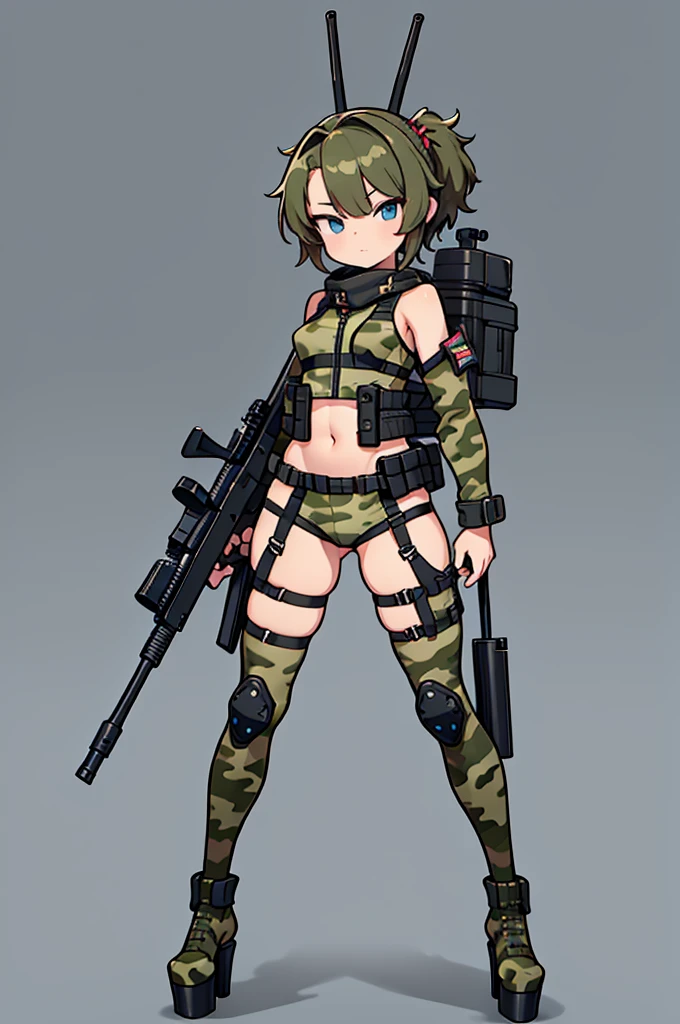 1girl, humanization, tank girl, (weapon), (long gun), little girl, city background, metal waltz, white panties, camel toe, cleft of venus, armor, armored girl, green clothes, glasses, soviet girl, pink hair, soviet uniform