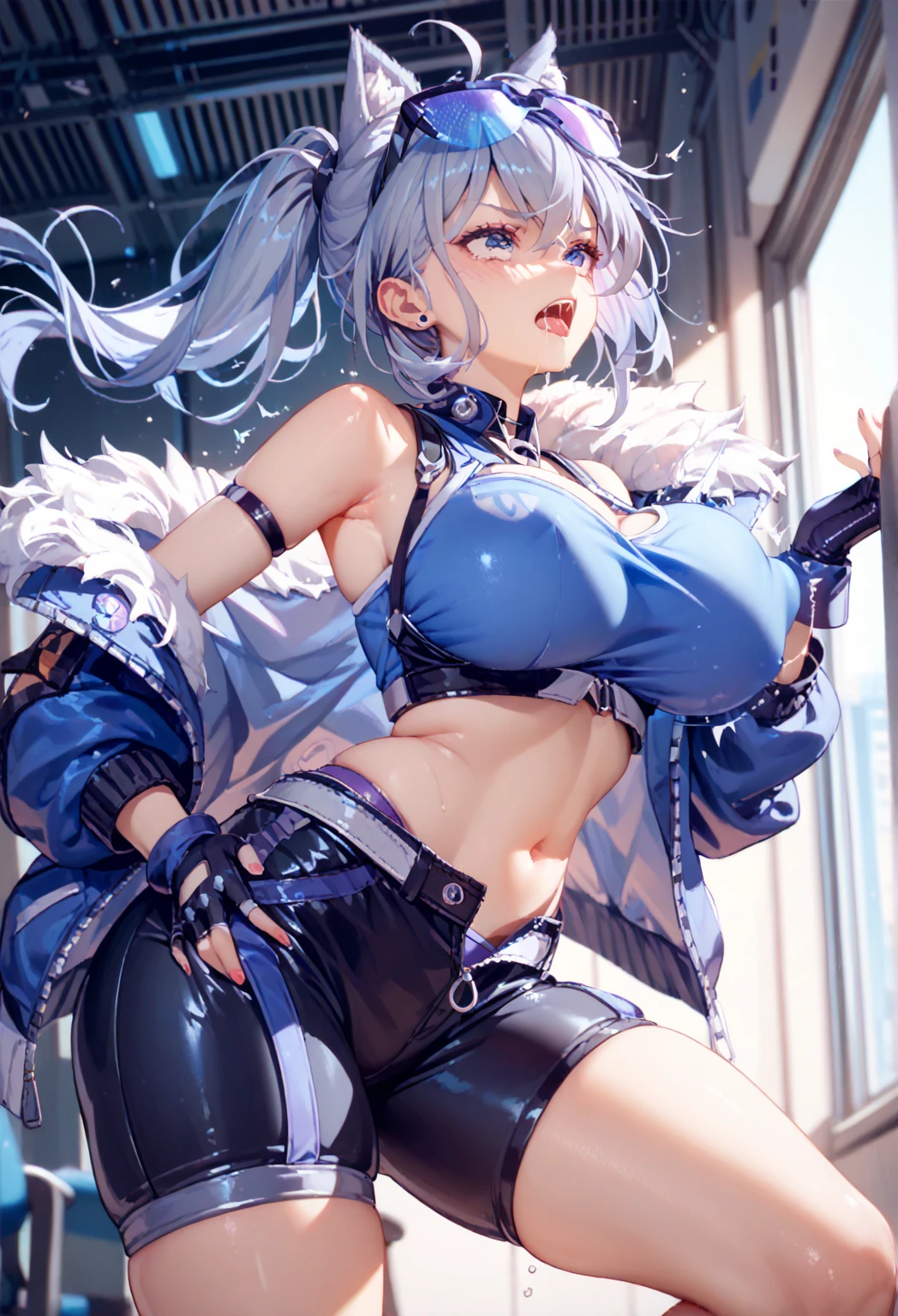 Browsing Caution,masterpiece,Highest quality,High resolution,Very detailed, Cowboy Shot, One girl, silver wolf\(Collapse Star Rail\), Grey Eyes, Grey Hair, Long Hair, ponytail, hair ornaments, Wear blue lens sunglasses on your head, cardigan, camisole, Panty Straps, Thigh straps, Strap slip, (Cleavage:0.7), Bare shoulders, skirt, choker, No underwear, Embarrassing, A look of expectation, Heavy breathing, Excited, sexual excitement, Seduce, blush, Shiny skin, View your viewers, Silky skin, Rub your thighs together, Love juice drips from the crotch, skirtを掴む, From below, Peek into