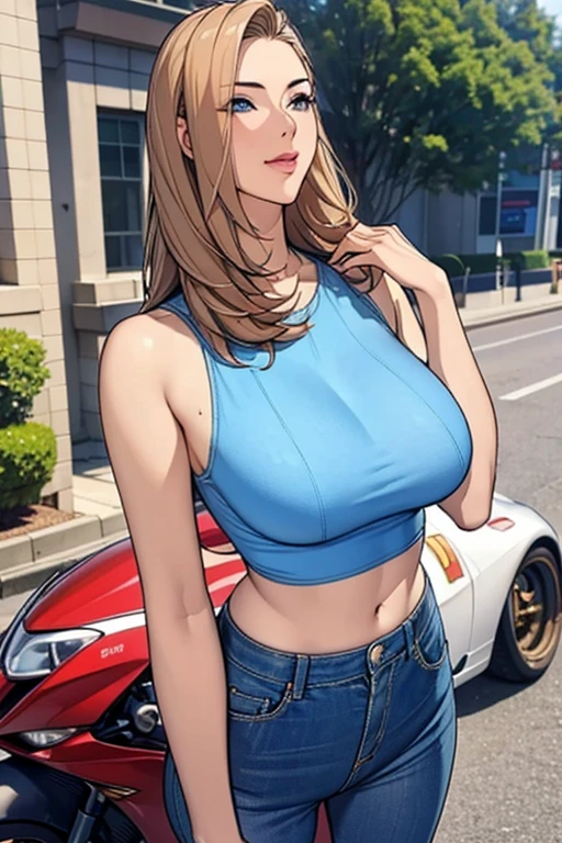 1girl, brown hair, long hair, black tank top, sexy, big breasts, blue denim shorts, parted lips, random hairstyle
