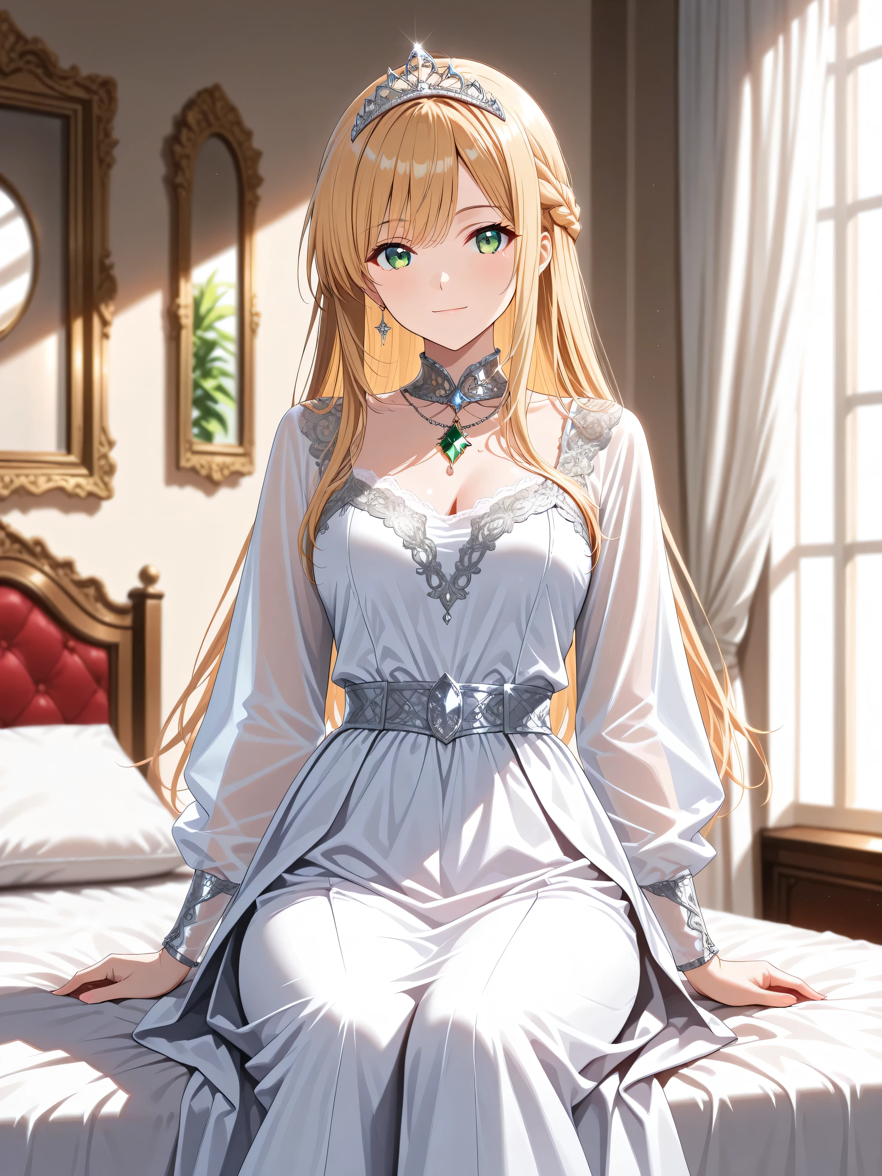 official art ,High Construction ,Hi-Res CG Unity 8K Wallpaper, super high accuracy , high accuracy , Half photo , Silk Embroidery and Film Grain , Best Quality ,8k, viewer , ((masterpiece)), ((Best Quality )), (beautiful), amazing shading, cinematic lighting, high resolution , absurdres , Fashion photography , newest , hyper-detailed , realism , depth of field, extremely clear image , contrasts of light and shadow , 2 . 5D , artistic photography , hyper realistic
,BREAK, booster ,detailer ,Design ,High Construction ,BREAK ,
Luxurious interior ,Large mirror ,canopy bed ,BREAK ,
Short girl , asashio ,Fair-skinned, golden hair ,straight hair ,french braid hair ,Emerald green eyes ,white dress ,long dress ,Gold embroidery ,Silver Tiara ,light smile ,sitting on the white bed ,