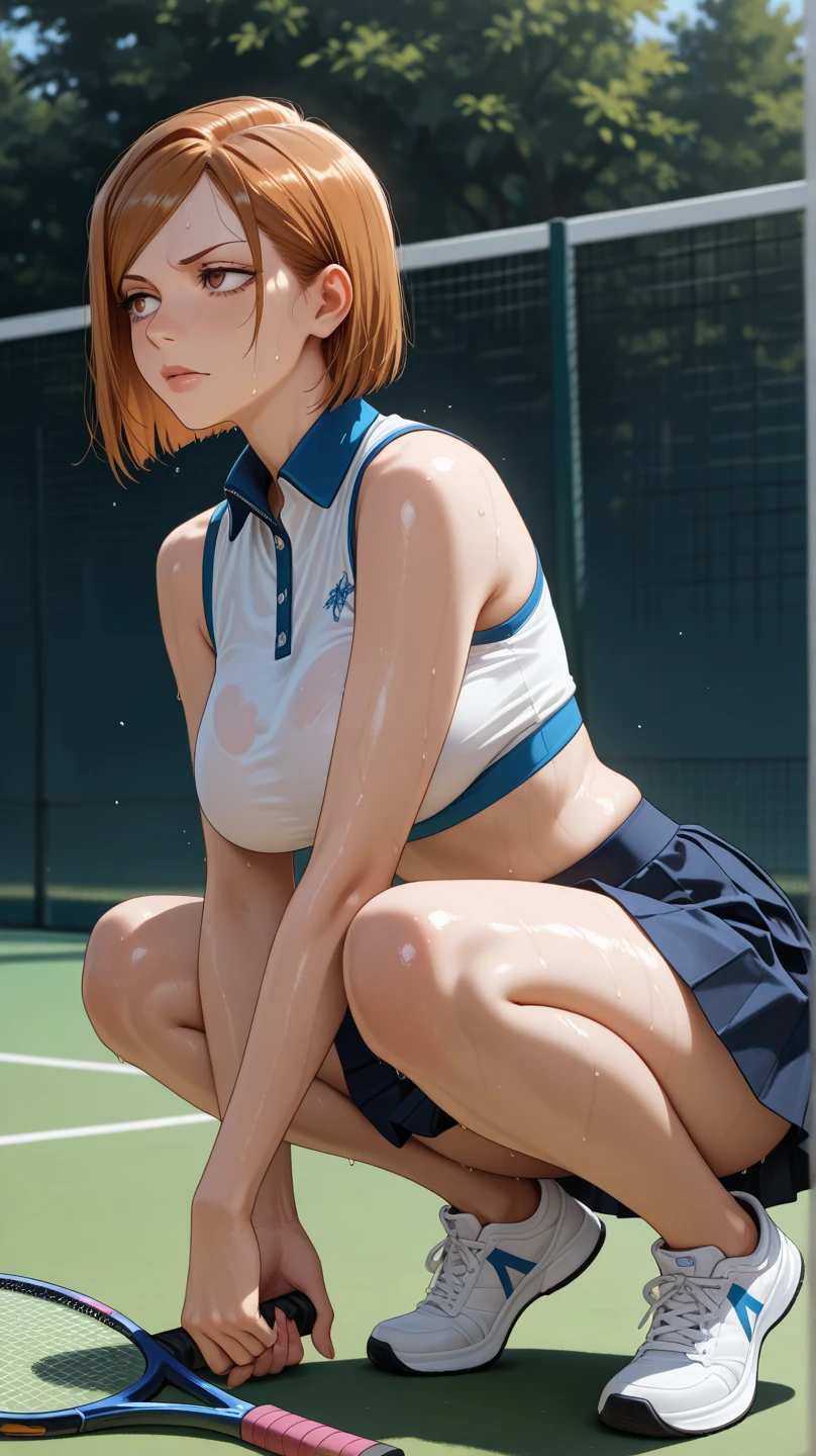 (((Masterpiece))), (((Best Quality))),(Beautiful Detailed anime FACE),Ultra High Resolution, Caustics, Detailed,Perfect Anatomy, View from below, nsfw,cowboy shot,solo20 year old beauty、Japanese、black hair,short bob hair,black eyes,slender body,ideal ratio body proportions,medium breasts,tan skin,gleaming skin,oily skin,shiny skin,hands behind head,squatting,training、painful expression、blush、open mouth,(White tennis wear、body-conscious、white tight polo shirt、white tight mini skirt、perfect white panties,sweat:1.3),outdoors、Tennis court、