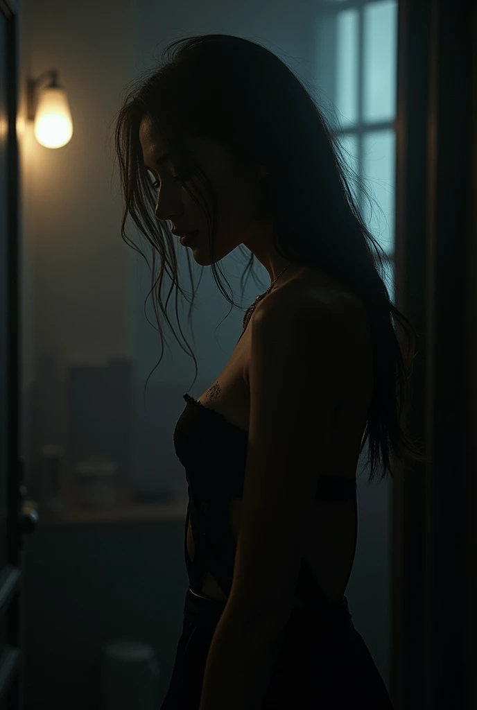 crée une image haute qualité 8k, photo réaliste, femme 30 ans, Wenwen Han, silhouette athlétique mouillé, cheveux long brun mouillé légèrement ondulés, tombent librement autour du coup, yeux vert perçant, malicieux, peau légèrement bronzé, en lingerie dentelé blanche, assise sur belle chaise, elle se tiens jambe entrouverte corp en avant les mains posées sur cuisses, regard tourné vers la gauche, elle est éclairé uniquement par la lueur d'une pleine lune, illuminant coté droit de son corp d'une lumière teintée bleu, de blanc vibrante et douce, coté gauche du corps très sombre, elle se trouve dans pièce mur noir avec grande fenêtre a carreaux a sa droite