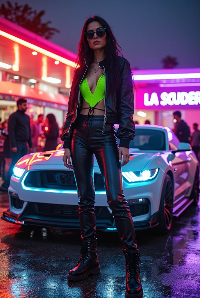 “Generate an HD Ultra Realistic image of Young Attractive Asian Woman Sophie Tan in a Y2K-themed fashion editorial. Sophie is wearing a shiny silver bandeau top and high-waisted pleather pants with a neon pink belt, accessorized with chunky platform boots and a neon green fanny pack. She is posed against a backdrop of a retro-futuristic car showroom with neon lights and holographic displays. Use a professional camera with an 85mm lens to focus on Sophie’s confident pose and the reflective textures of her outfit (1.3). The car showroom setting should be artistically blurred to direct attention to Sophie, with post-production enhancing the neon lights and adding a glossy finish for a futuristic Y2K aesthetic (1.4).”
