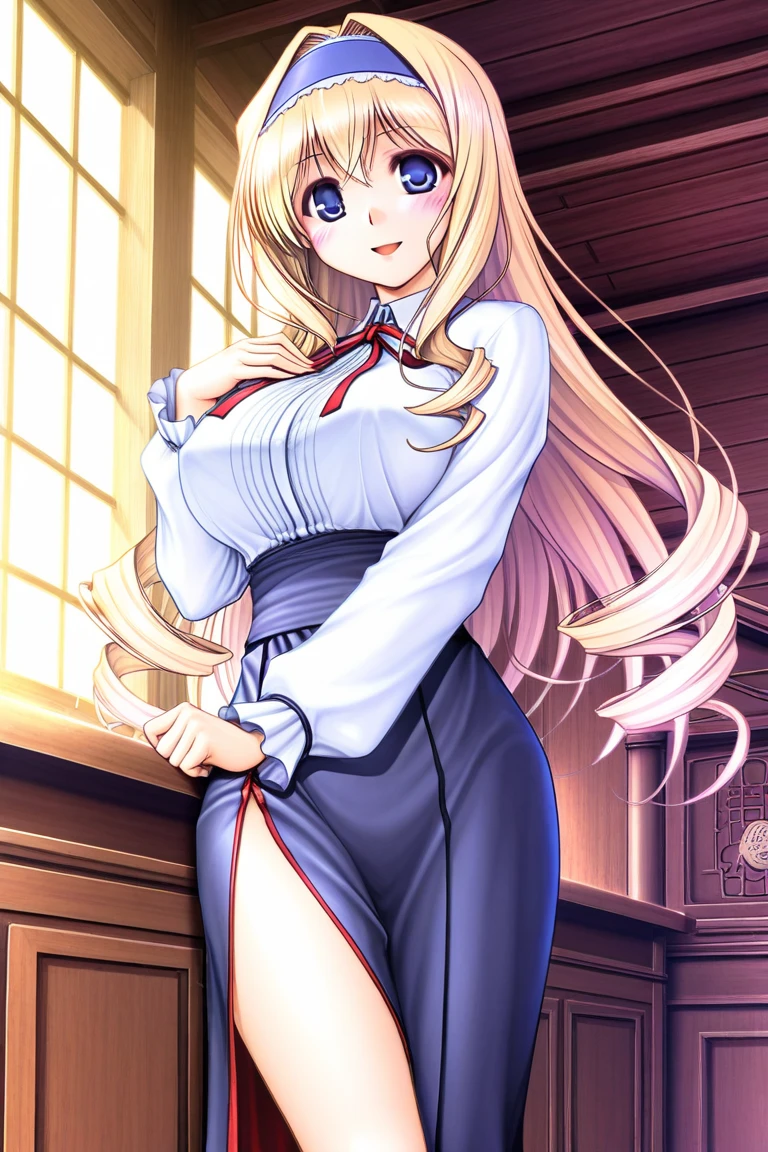 highest quality, solo milf, huge breasts, huge ass, very tortuous, long blonde hair in pigtails, lavender eyes, lip whole, fascinating, smile, school uniform, exposed school top, short school skirt, lavender thigh height, orchid bender eyeshadow, lipstick, compensate, thick thighs, curvaceous physique