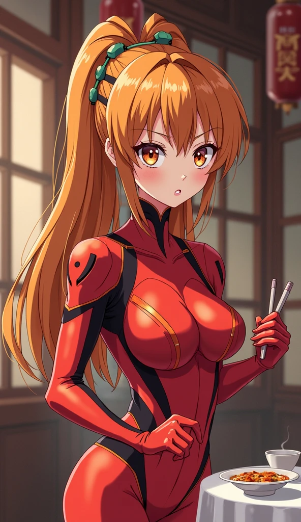 Soulyu Asuka Langley, (table top, highest quality, be familiar with), 1 girl,sexy, huge breasts, alone, arm behind head, cowboy shot, interface headset, red bodysuit, simple background.